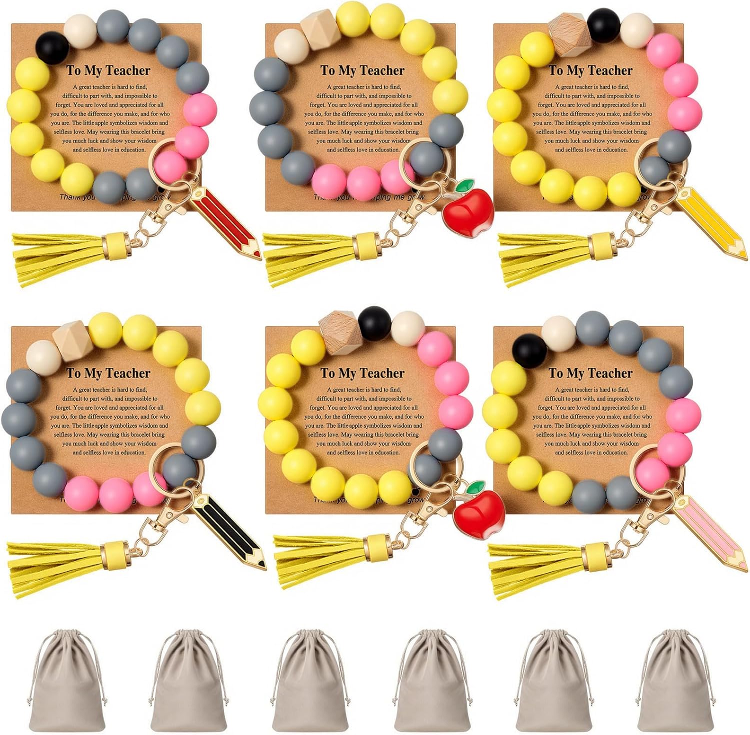 Landical 1/4/6 Set Teacher Appreciation Gift Bulk Wristlet Keychain Bracelet for Women Car Key Chain Thanks Card Giit Bags