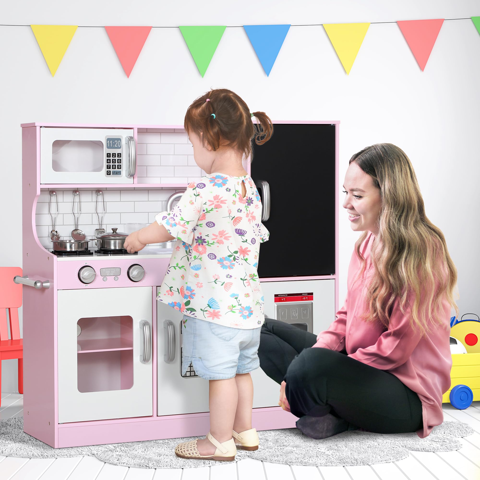 AIYAPLAY Cocina de Juguete Cocina para Niños de +3 Años Cocinita Infantil de Madera con Accesorios para Cocinar Pizarra Máquina de Hielo y Teléfono 83,8x26,8x81 cm Rosa