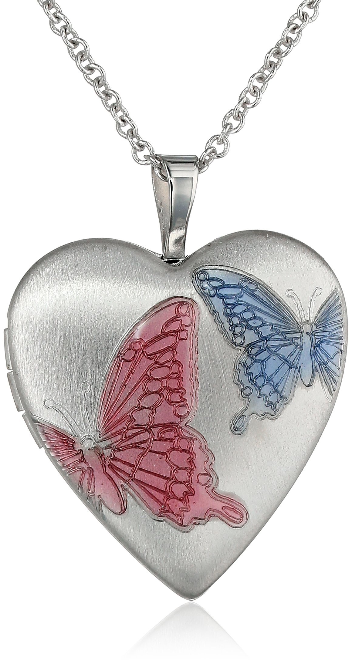 Fine Silver Plated Brass Butterfly Heart Locket Pendant Necklace, 16"
