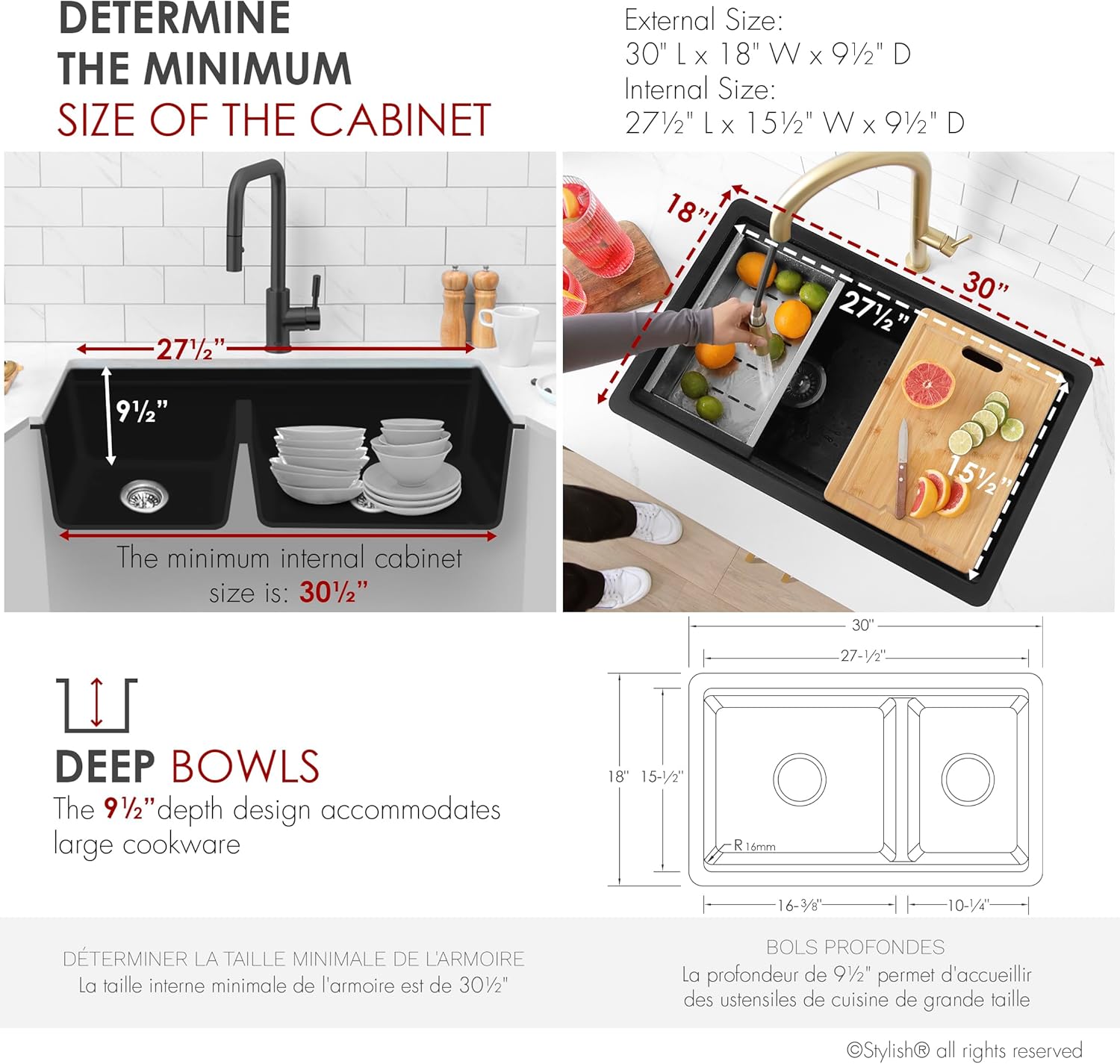 Stylish 30 x 18 Inch Composite Granite Workstation Kitchen Sink, 60/40 Double Bowl Under Mount & Drop in, 9.5 in Deep, Reversible, with Cutting Board, Colander, Colander & Strainer, Black, S-831WN