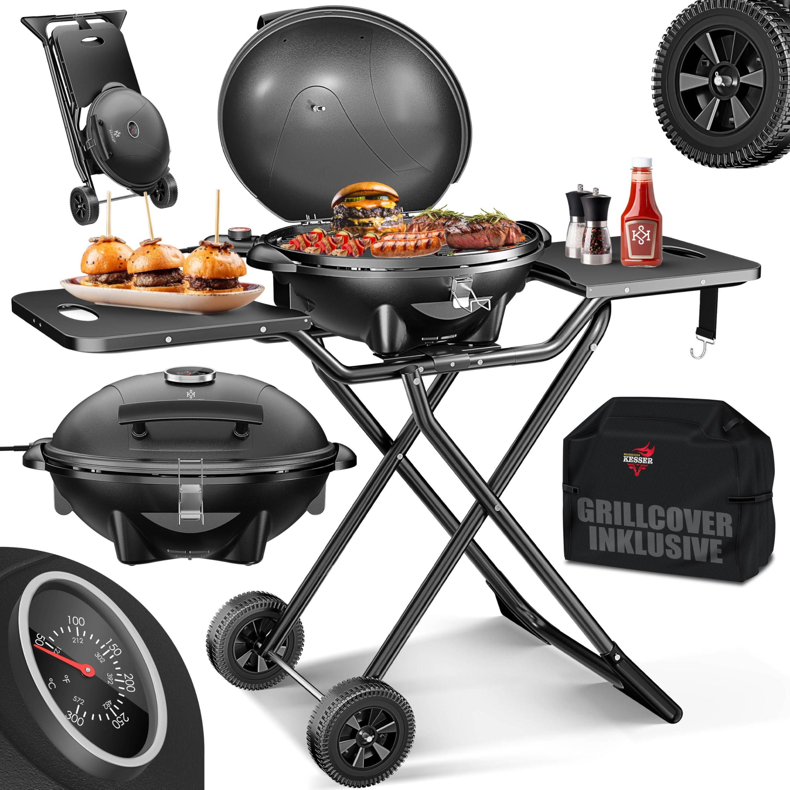 KESSER® barbecue électrique 2 en 1 de table - barbecue sur pied avec couvercle | max. 2400 Watts | Pliable | Thermostat | Revêtement antiadhésif | Plateau de grill avec tables de repos | 2 roues |