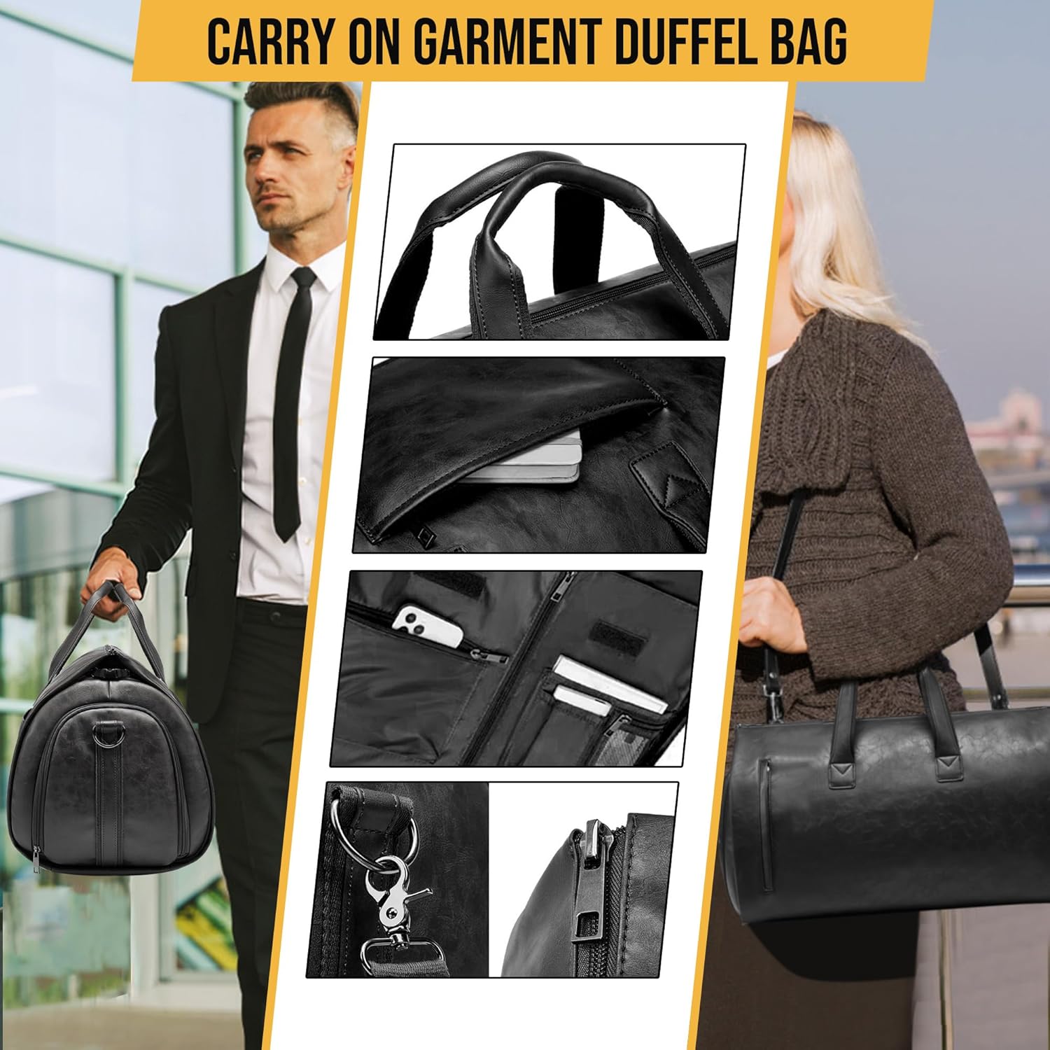 Convertible Garment Bag, Carry on Garment Duffel Bag with Shoulder Strap, Men's Women's Travel Clothing Bag with Shoe Compartment, 2-in-1 Hanging Suitcase Suit Business Travel Bag (Black) - Image 5