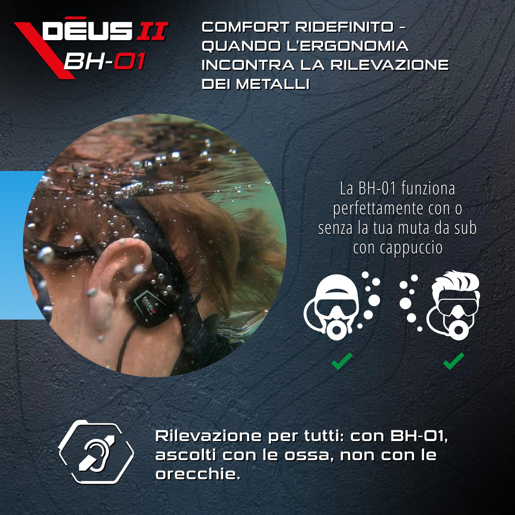 XP METAL DETECTORS BH-01 cuffia a conduzione ossea con cavo per metal detector XP Deus II - Impermeabili per la ricerca subacquea fino a 20 m - Certificazione IP-68