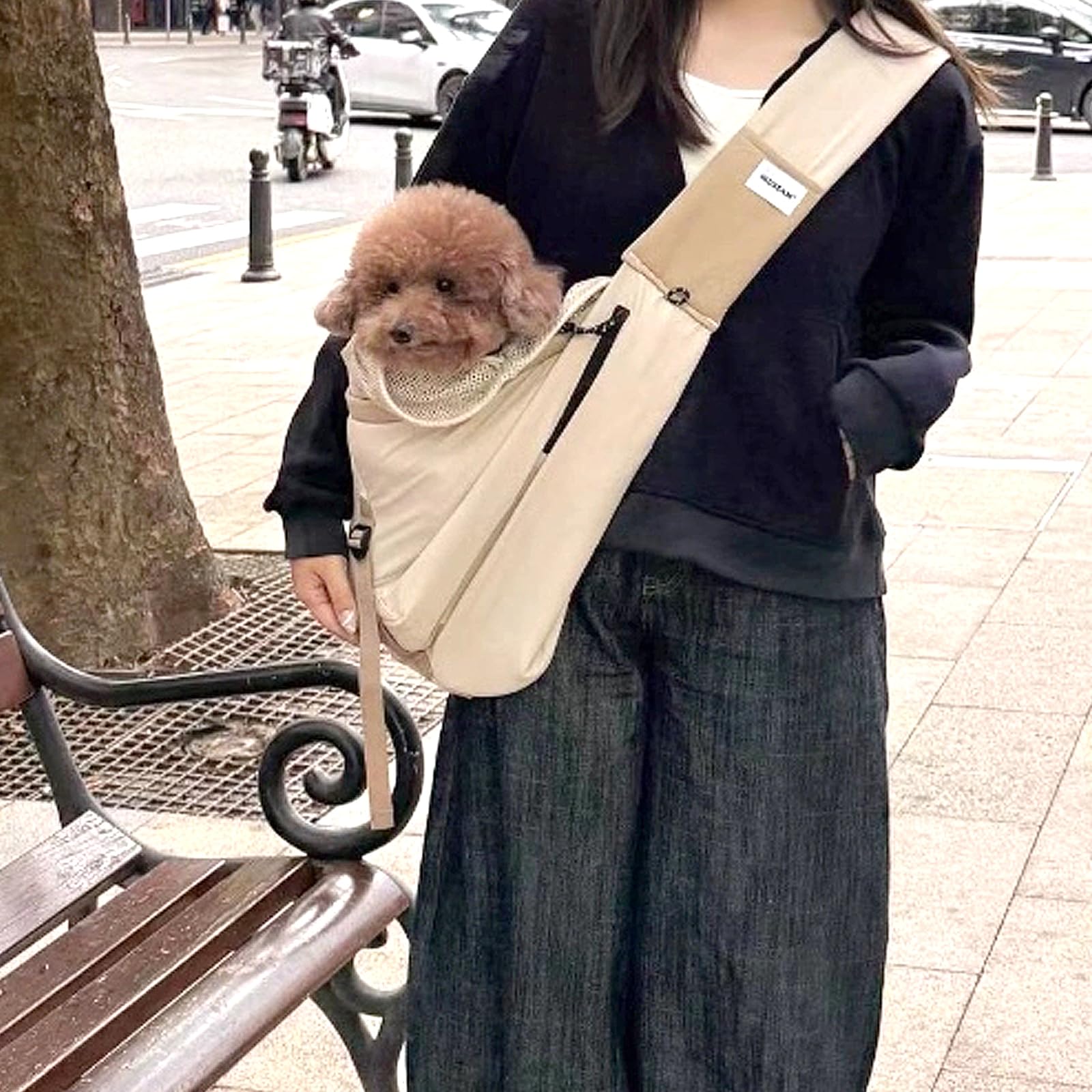 Sac de transport à bandoulière pour petit chien, chat et chat avec ruban adhésif fixe et poche latérale, sac de transport à bandoulière pour chiot et chat pesant jusqu'à 8,8 kg (marron)