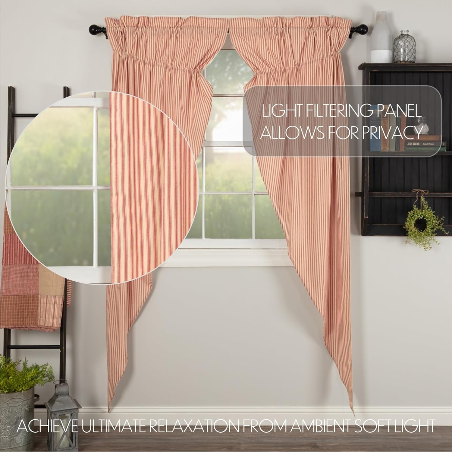 VHC Brands Sawyer Mill Red Prairie Curtain Set 2 Lined Drapes Farmhouse Country 84 Inch Long Cotton Vintage Stripes for Living Room