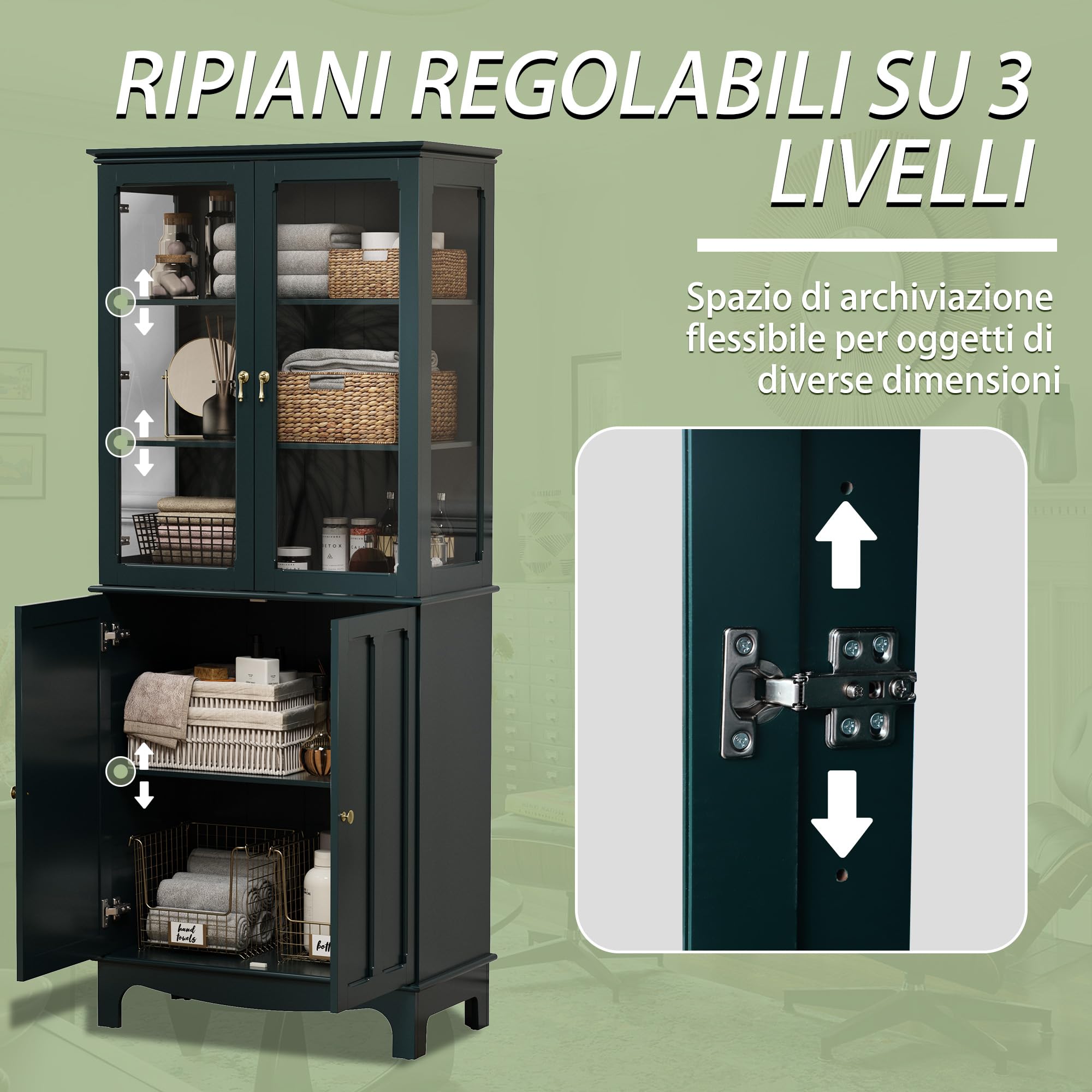 HOLTICO Vetrina Espositiva Soggiorno, Armadio Cucina Indipendente con Ante in Vetro e Legno, Cristalliera Classica con Ripiani Regolabili, Mobili Cucina per Collezionismo, Cucina e Soggiorno, verde