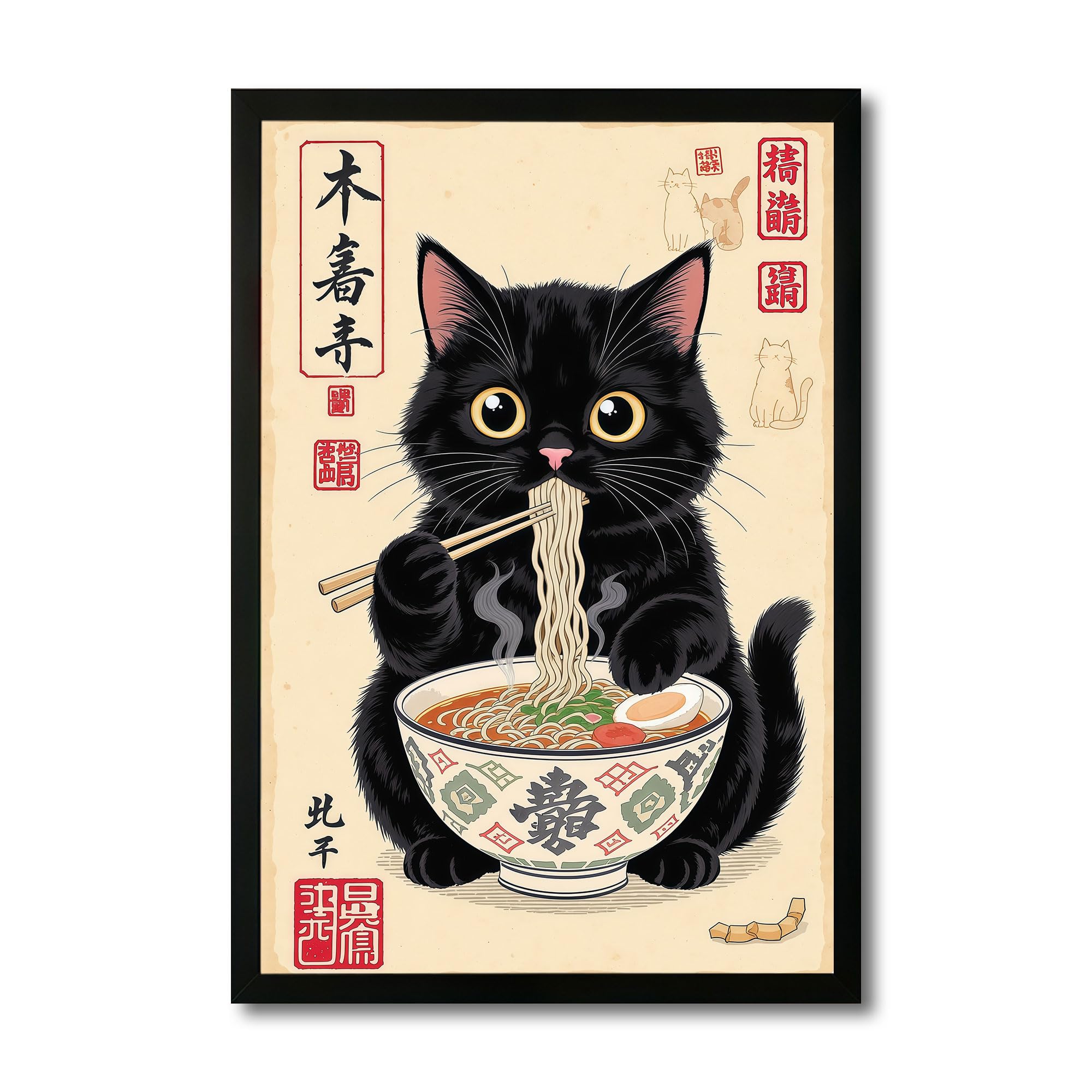 The Castle Decor Cute Cat Eating Ramen Wall Art Frame| Japanese Kitchen Decor | Sparkle Finish Painting with Premium Fiber Frame for Home, Café & Dining (multicolour, 12x18 Inch)-image-12