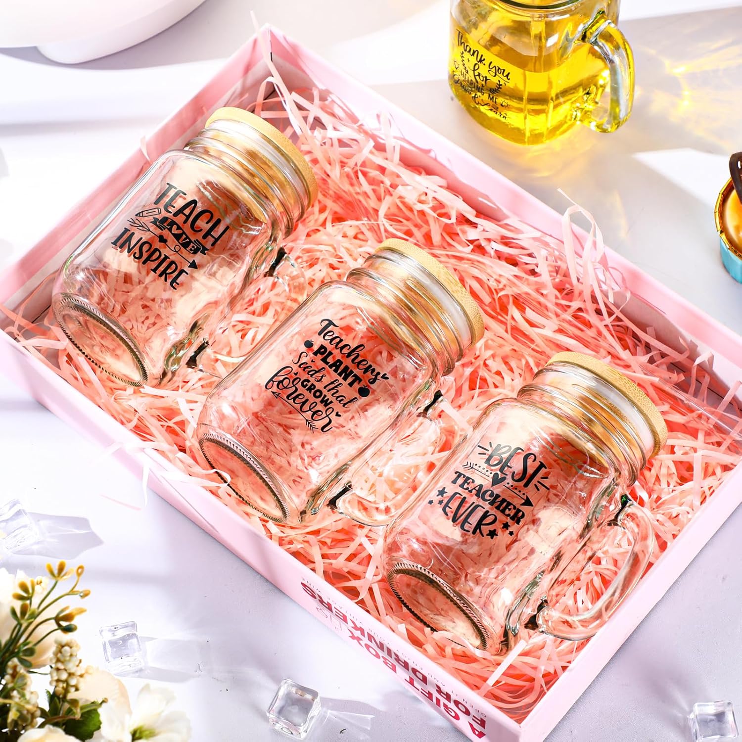 Nuogo 8 Pcs Teacher Glass Cup Teacher Appreciation Thank You Glass Cup Gifts 16 oz Mason Jars with Handle Bamboo Lids and Straw Cup Gift Set Teacher Tumbler Bulk Glass Jar Tumbler Mug Back to School