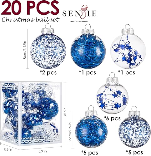 Miniatura 10 de Juego de bolas decorativas de plástico transparente inastillables para decoración de árbol de Navidad, vacaciones, boda, fiesta, 20 unidades (azul