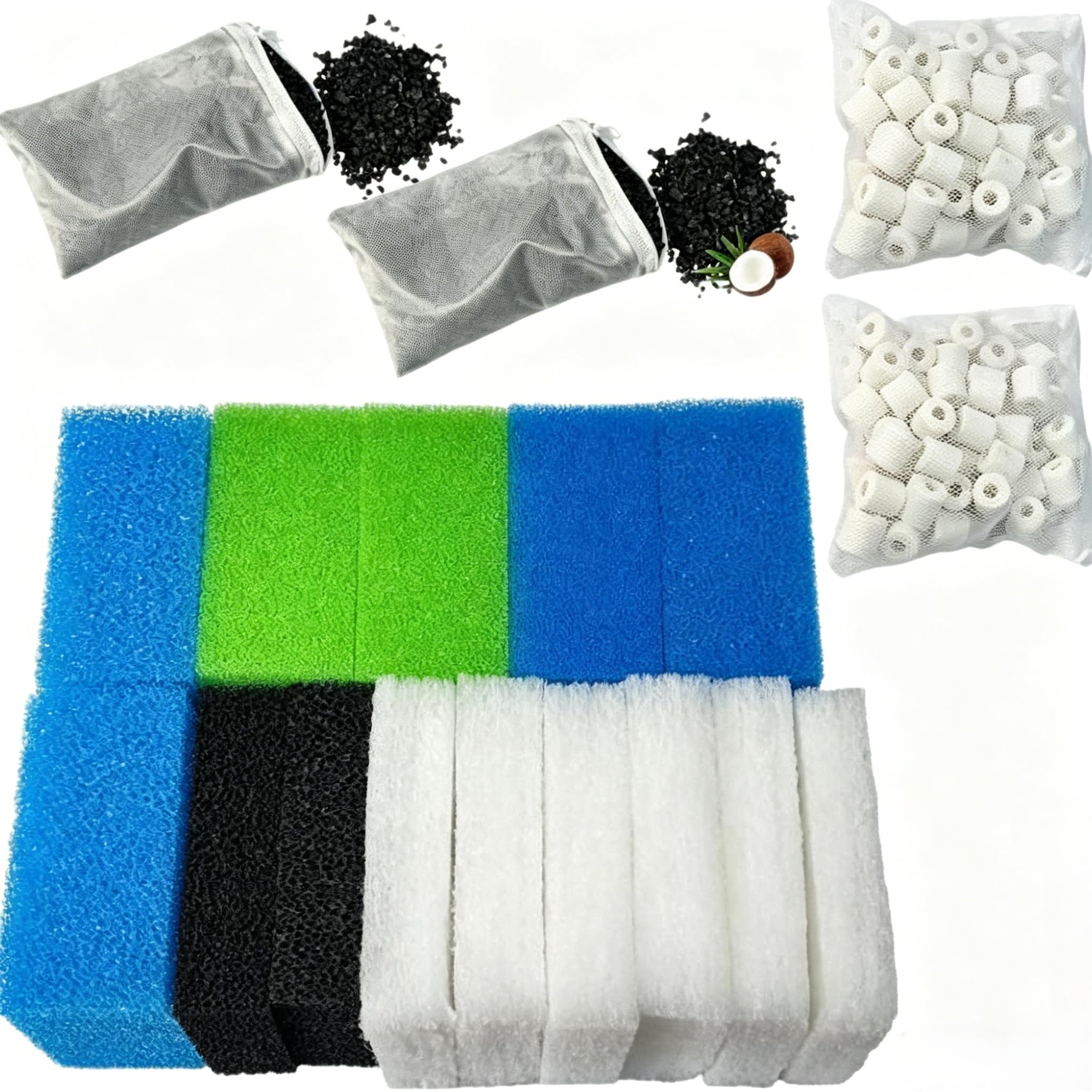 Lot de 18 supports filtrants M pour Juwel Compatible avec Juwel Compact Bioflow 3.0, kit de filtre pour aquarium avec 2 éponges fines, 2 éponges grossières, 2 éponges vertes, 2 éponges à charbon