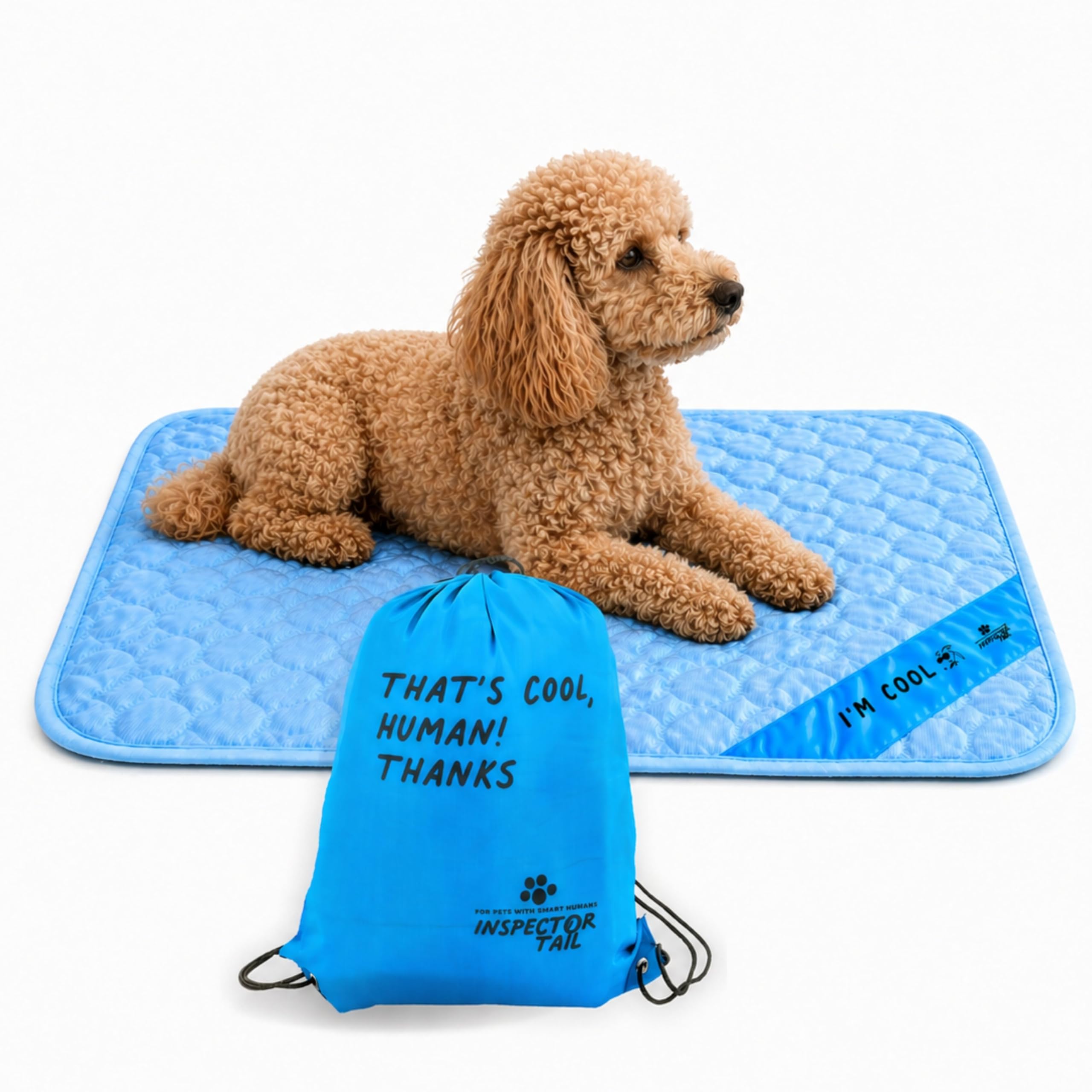 Inspector Tail Alfombrilla de Viaje y refrigeración automática + Bolsa de Cuerda, Lavable y portátil, Almohadilla Suave para Mascotas para Interiores o Exteriores Perros y Gatos para