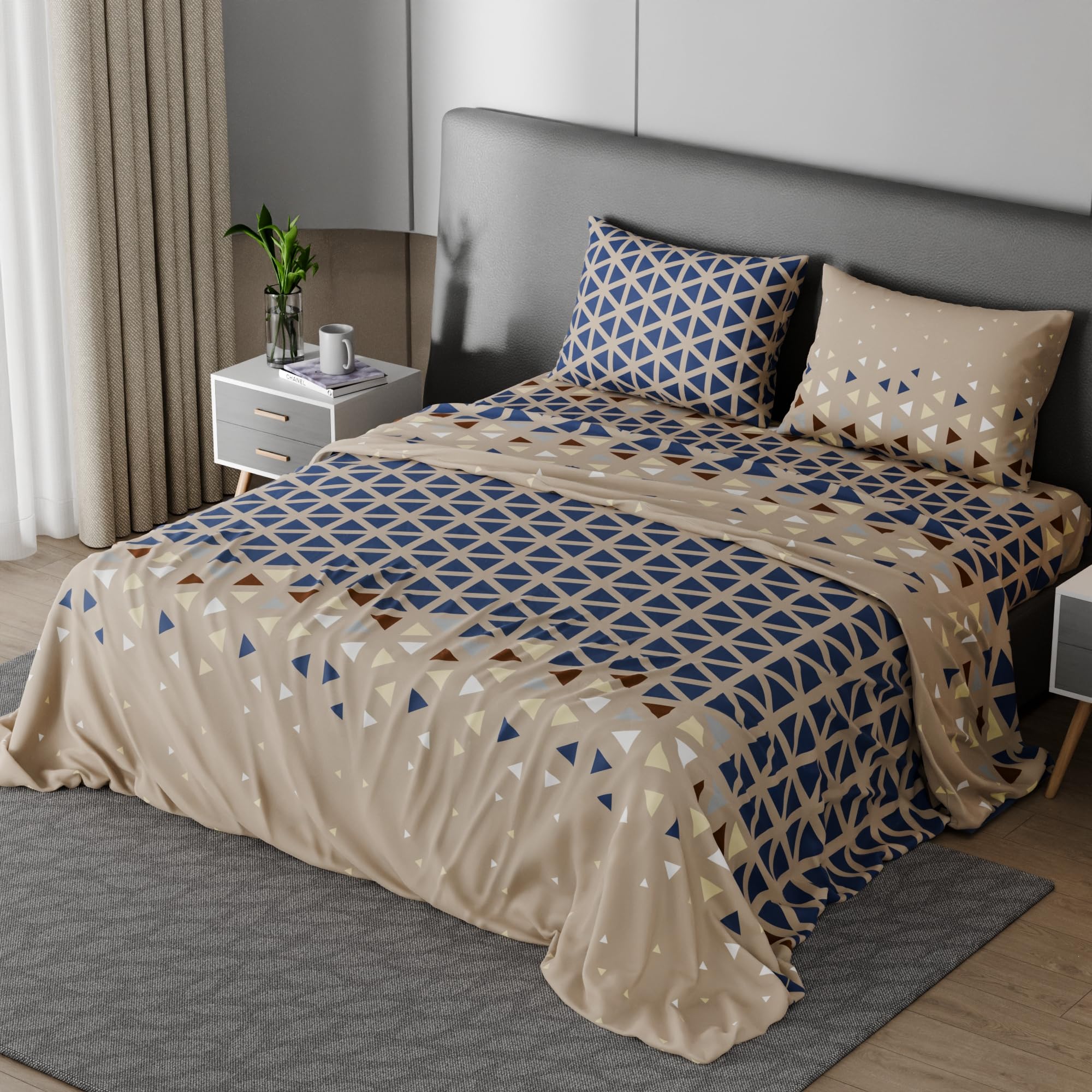 BLISSHOME SoftTouch 150TC Cotton King Size Printed Bedsheet with 2 Pillow Covers for Double Bed, Silky Smooth Bedding Set, Breathable, Easy Maintain, Geometric Pattern - Sandy Beige (228cm X 274cm)
