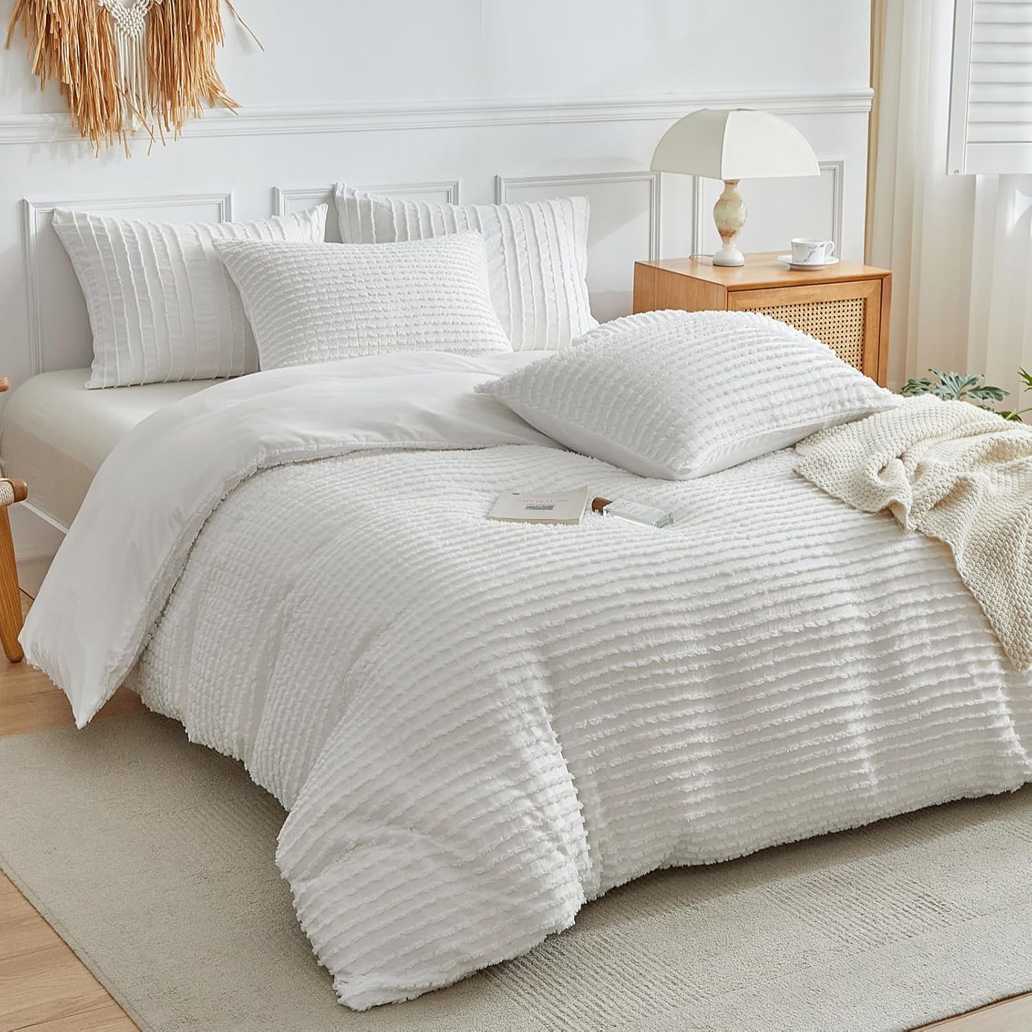 WARMDERN Boho Duvet Cover Set Queen Size,White Striped Duvet Cover Microfiber Bedding Set,3PCS Ultra Soft Breathable Lightweight Tuft Texture Pattern Duvet Covers with Zipper Closure(White,Queen) - Image 2