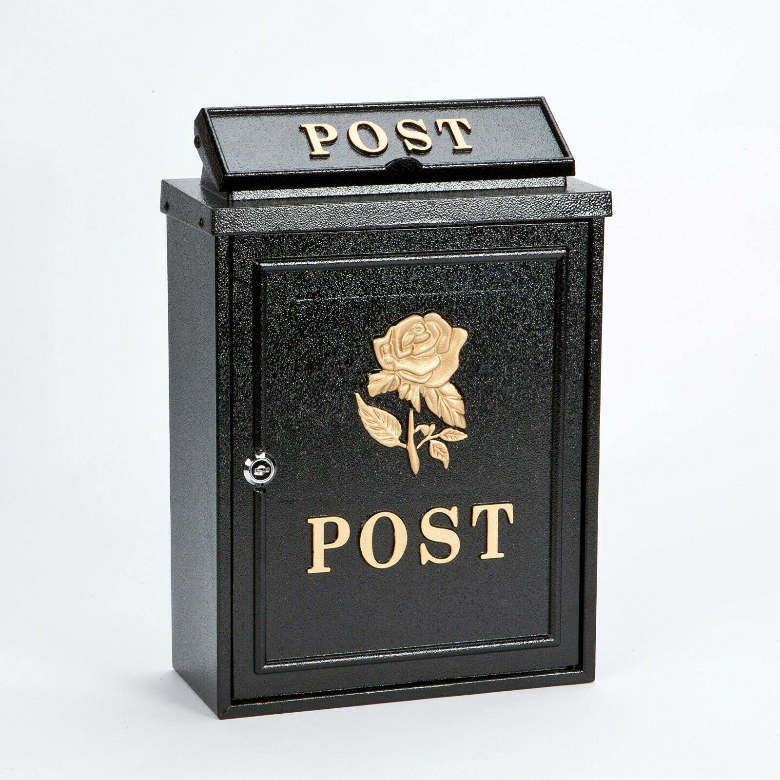Dwd Black With Gold Rose Vintage Decor By Dwd® Weatherproof Post Box Rose Design-Lockable Heavy Duty Secure Wall Mounted Letter Mail Post Box Post For Walls/Gates/Garages..Charming Easy To Fit (Black With Gold Rose)