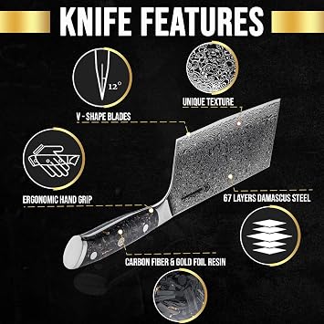 Damascus Meat Cleaver VG10 Steel 7 Inch Blade Leather Sheath & Blade Guard