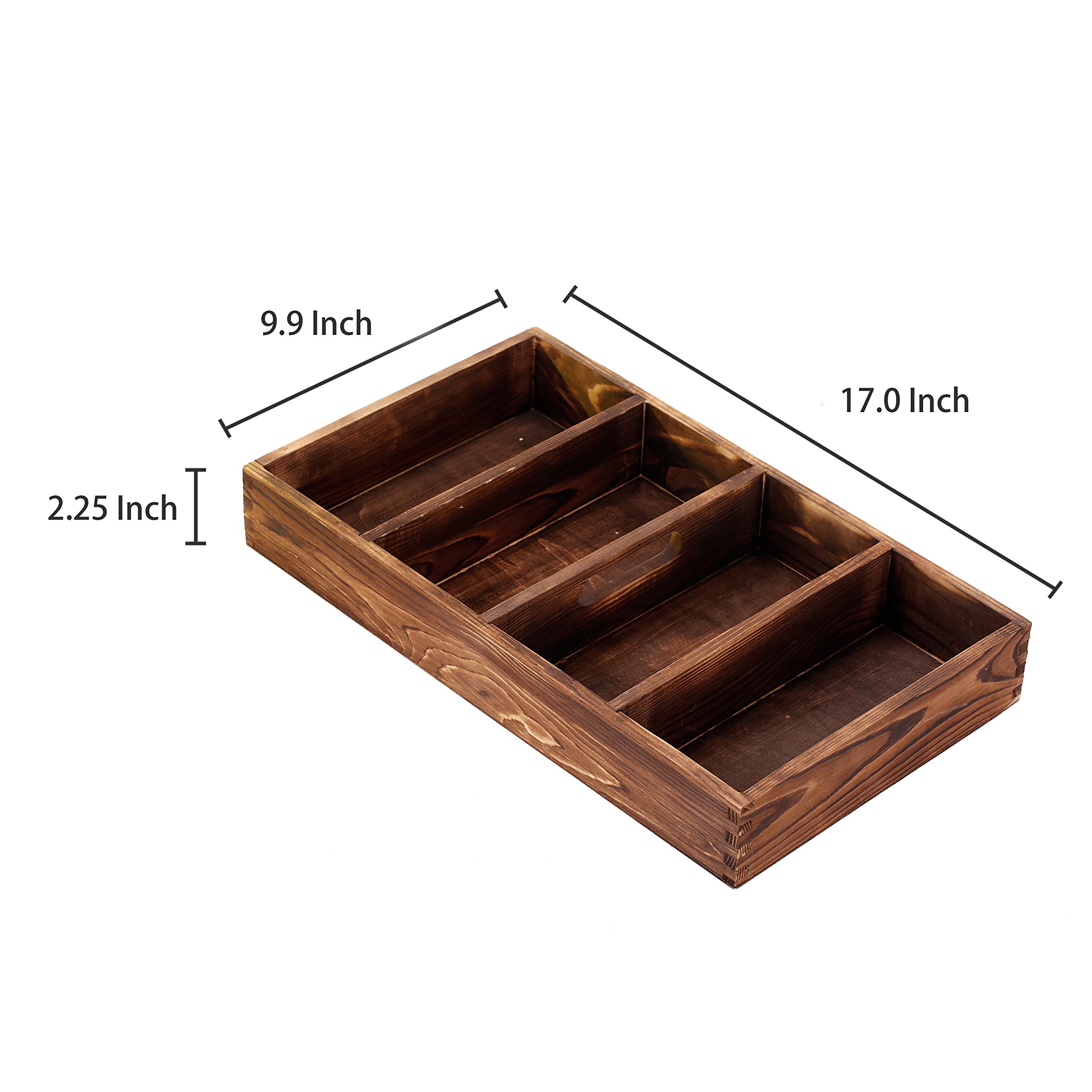 Bandeja organizadora de cajones de madera quemada con 4 ranuras, utensilios multiusos, cubiertos, contenedor de madera para herramientas 6