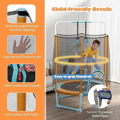 Miniatura 6 de Goplus Trampolín de 60 pulgadas para niños, trampolín 3 en 1 con barra de gimnasia, anillos oscilantes, red de seguridad elevada, trampolín