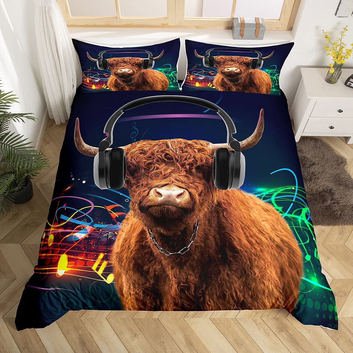 Feelingyou Girls Wws6306 Headset Cattle Duvet Cover Set Double Highland Cattle Comforter Cover Animal Theme Bedding Set 3Pcs For Kids Room Decor, Watercolor Musical Note Bedspread With 2 Pillowcases