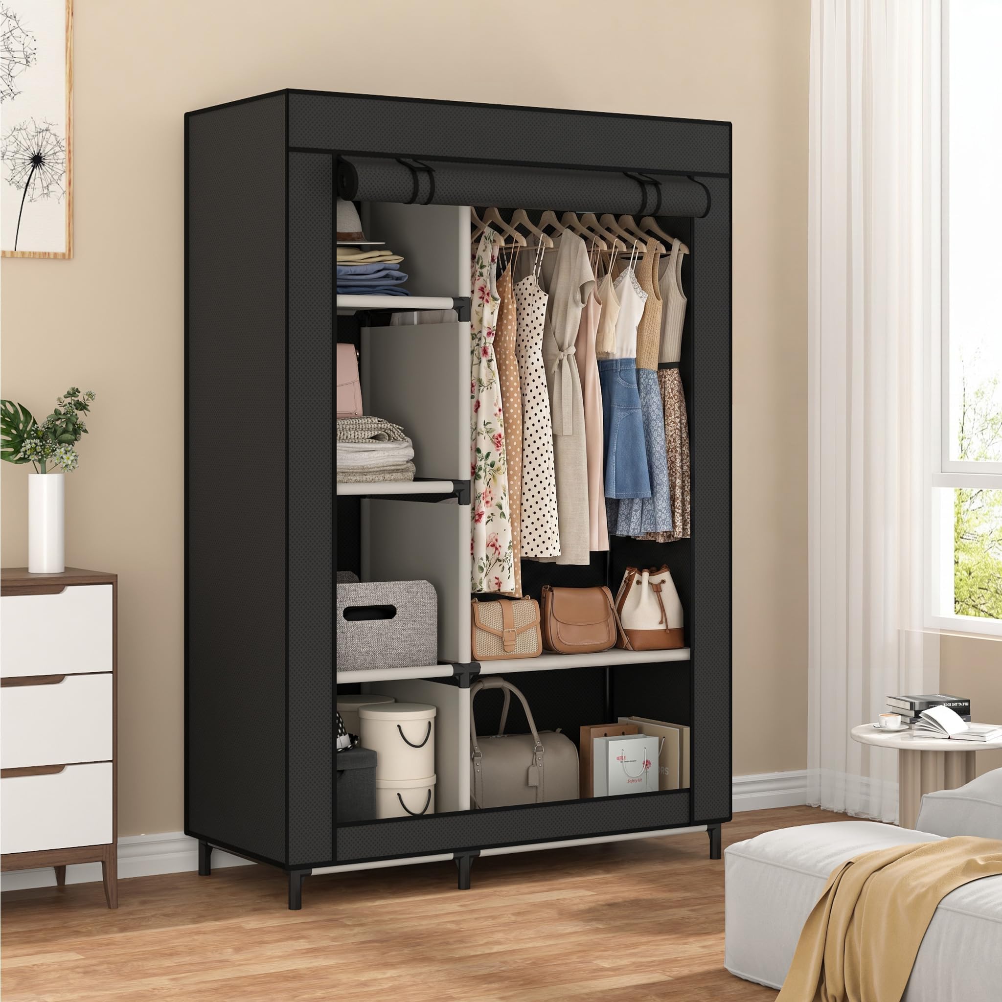 Calmootey Portable Closet Organizers, Clothing Storage, Wardrobe with 6 Shelves and Hanging Rod, Non-Woven Fabric Cover with 4 Side Pockets, Black