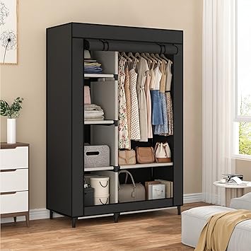 Calmootey Portable Closet Organizers, Clothing Storage, Wardrobe with 6 Shelves and Hanging Rod, Non-Woven Fabric Cover with
