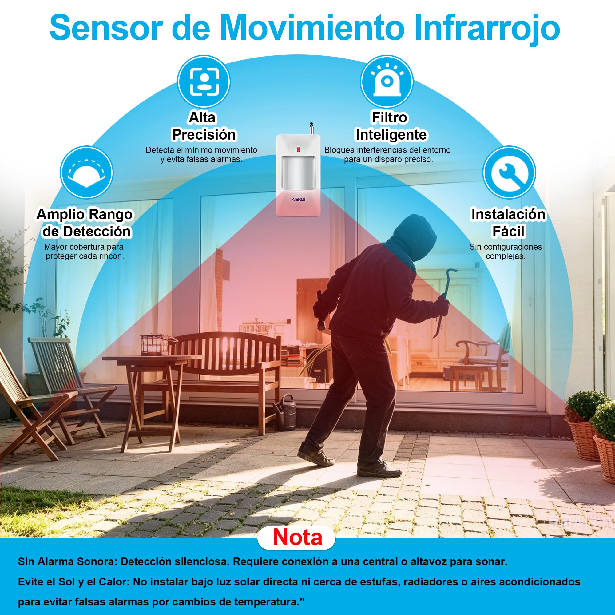 Sistema de Alarma WiFi, Sistema de Alarma Inalámbrico de 120 dB para la Seguridad del Hogar con Sirena, 6*Sensores de Movimiento Gratuitos y Mando a Distancia para Cobertizo y Garaje