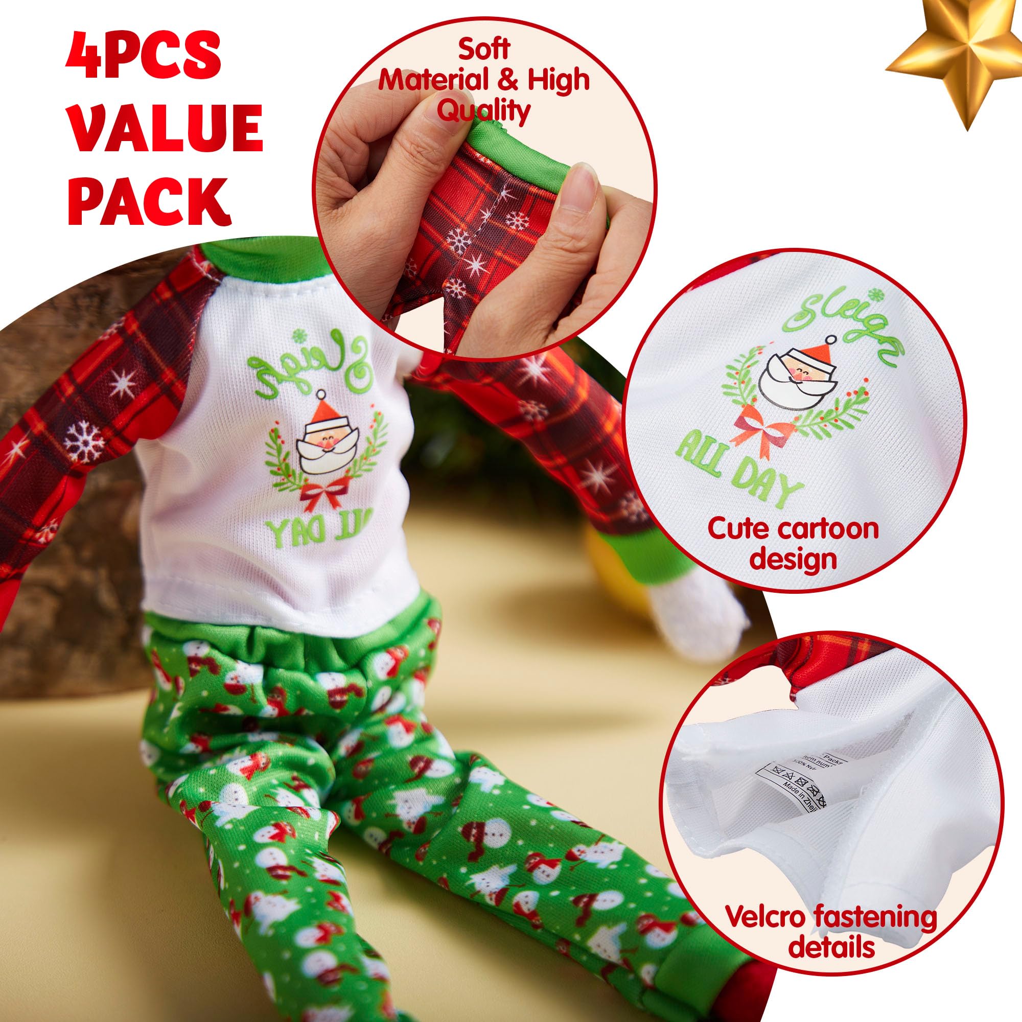 JOYIN Weihnachtselfen-Zubehör, hässliche Pullover für Puppe, Weihnachtsmann und Schneemann, klassischer Stil, Pyjama, Weihnachtspuppenkleidung, Weihnachtspullover für Puppe, Grün, Rot, 4 Stück