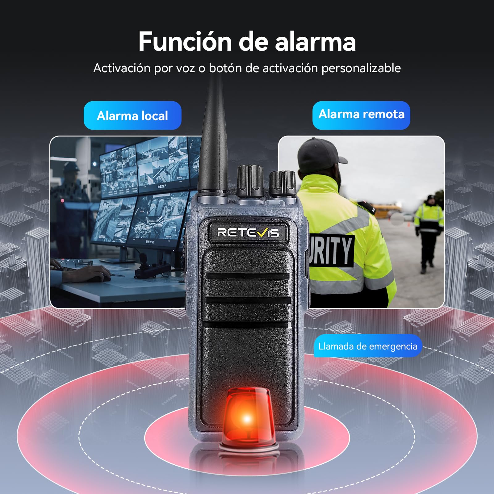 Retevis C64 Walkie Talkies con Control de Voz, Radio Bidireccional de Largo Alcance, 2500 mAh, VOX, Radio de Alta Potencia con Micrófono de Altavoz para Seguridad, Emergencia (Negro, 2 Piezas)