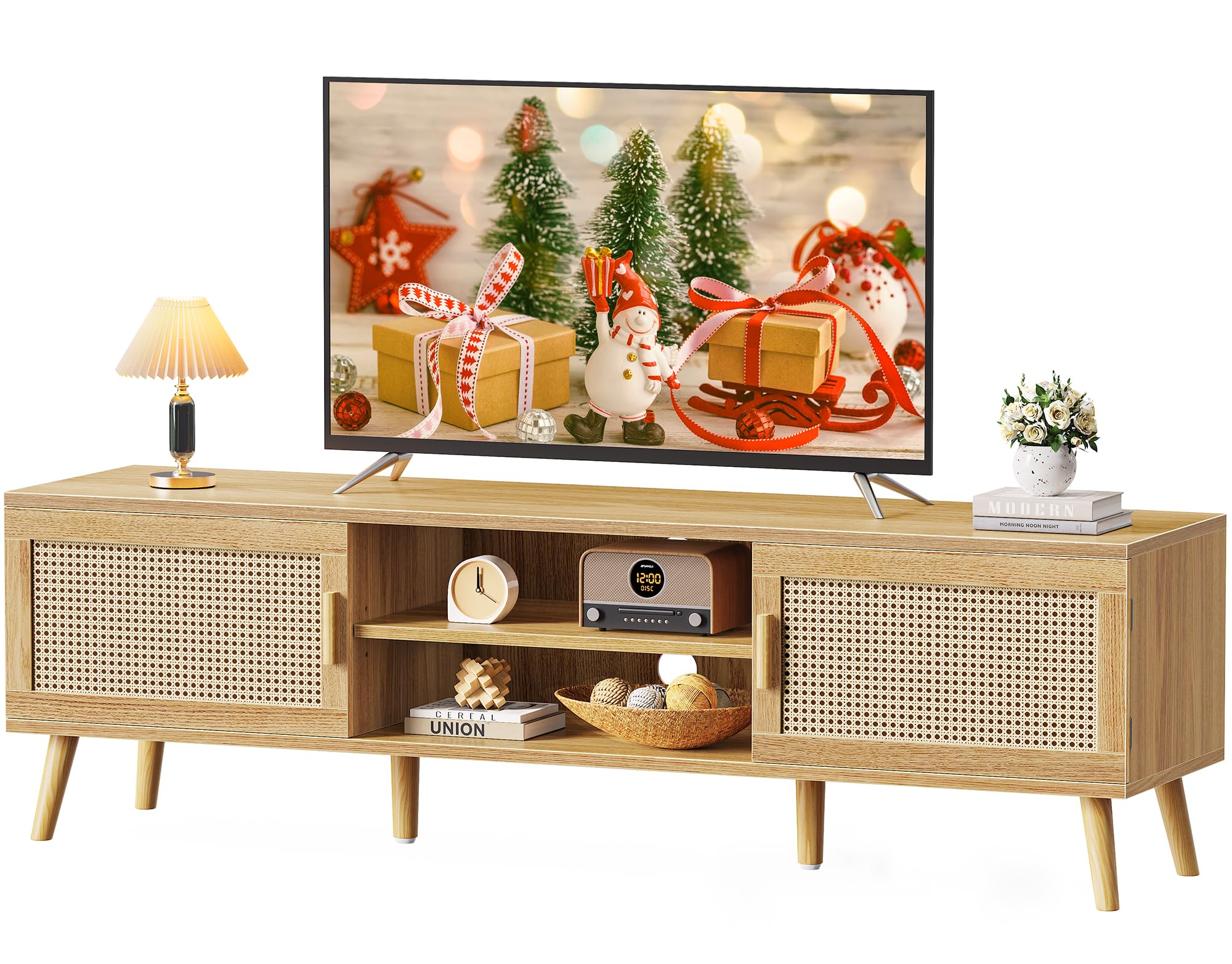 SUPERJARE Boho TV Stand for 75 Inch TV, Entertainment Center with Adjustable Shelf, Rattan TV Console with 2 Cabinets, Media Console, Solid Wood Feet,