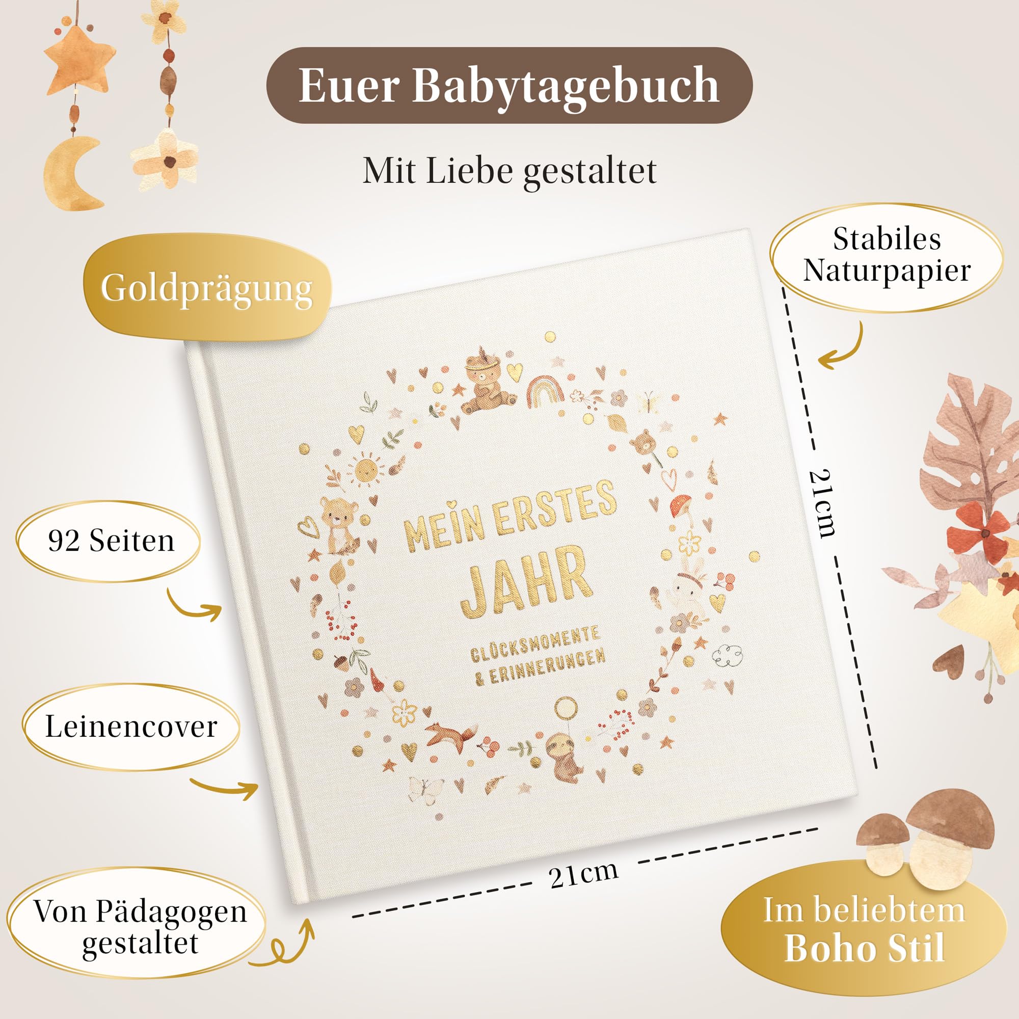 EULENTALER L'album per bambini "BOHO" I Progettato da educatori I Con simpatiche illustrazioni dipinte a mano I Copertina in vero lino + goffratura dorata I Diario di nascita per ragazzi e