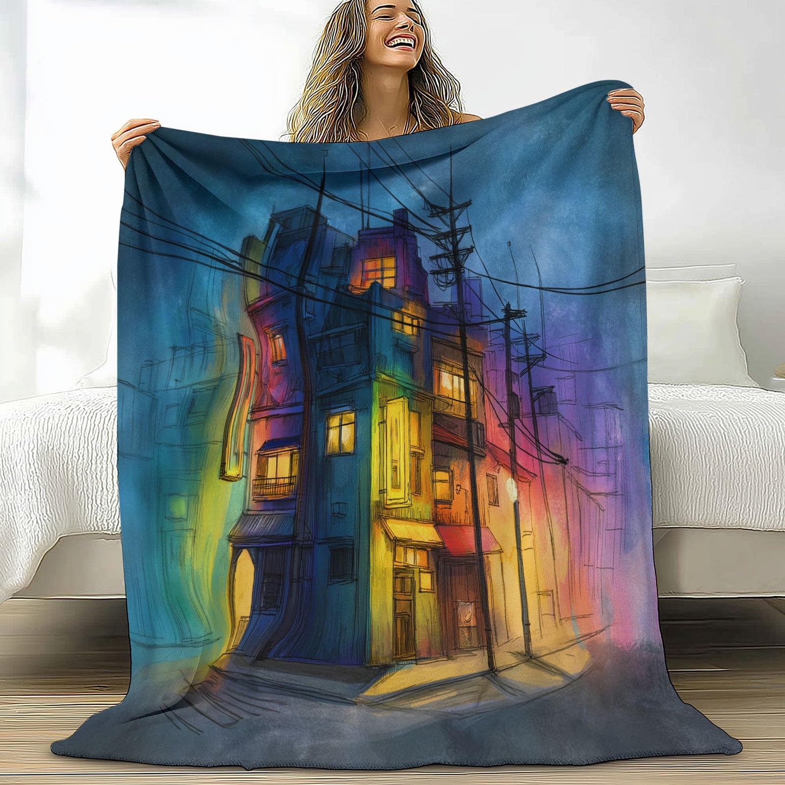 Generico Plaid Coperta Pile Colore Bambini Ragazzi Ragazze Plaid Pile Stile Anime Panorama Cittadino Al Neon Coperte Flanella, 220 x 240 cm Letto e Divano Blanket Peluche Morbida e Calda