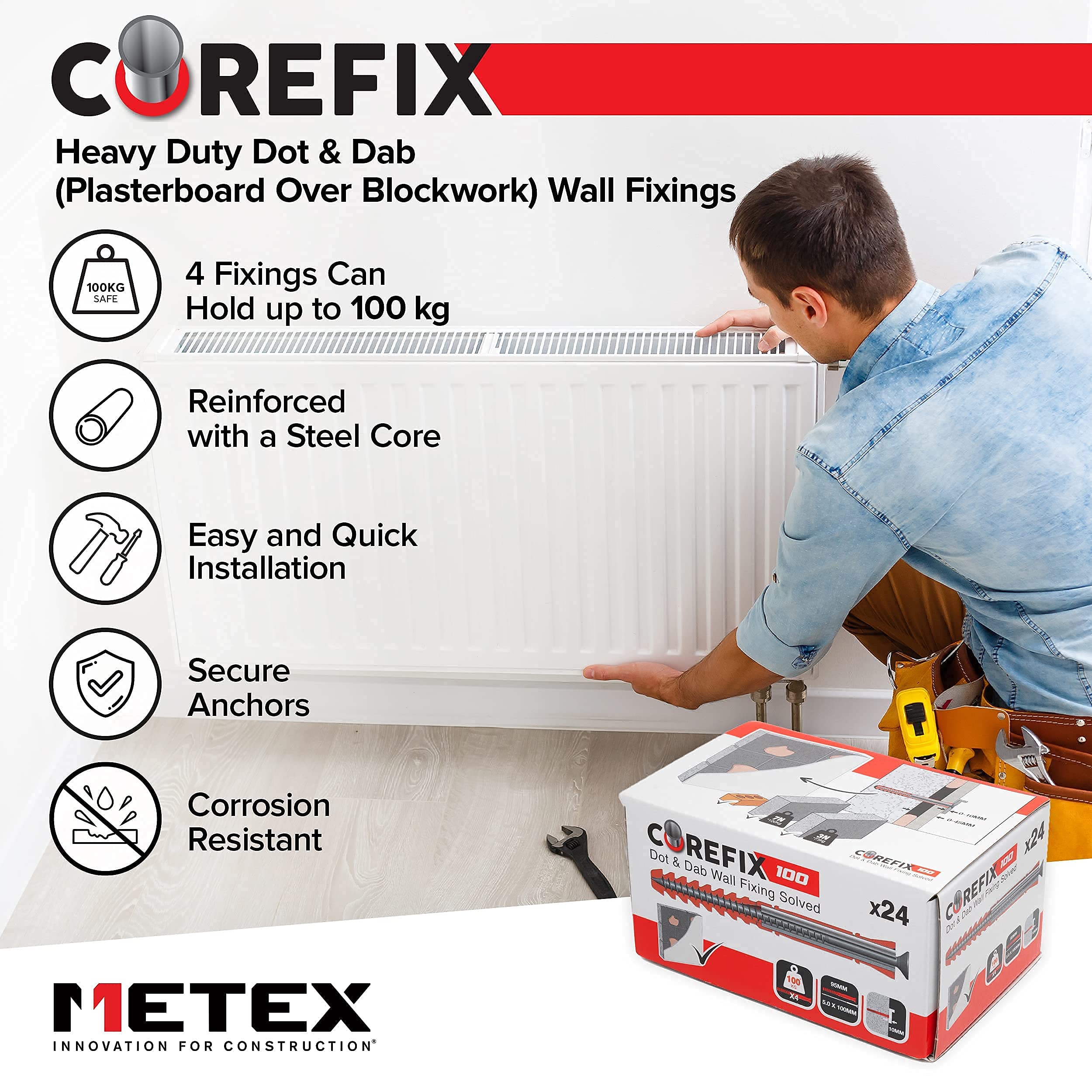 Corefix 100mm Heavy Duty Dot & Dab Wall Fixings Plasterboard Over Blockwork Wall Plugs