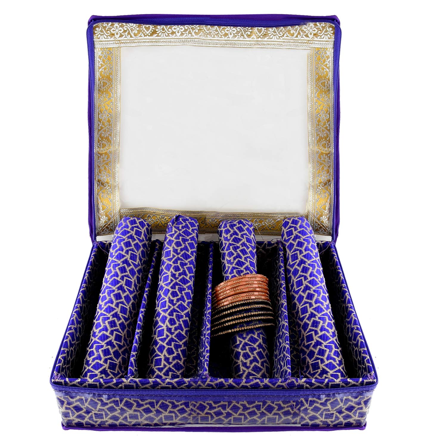 Kuber Industries Exclusive Square Design Brocade Hardboard Four Rod Bangle Box (Purple) -CTLTC38870