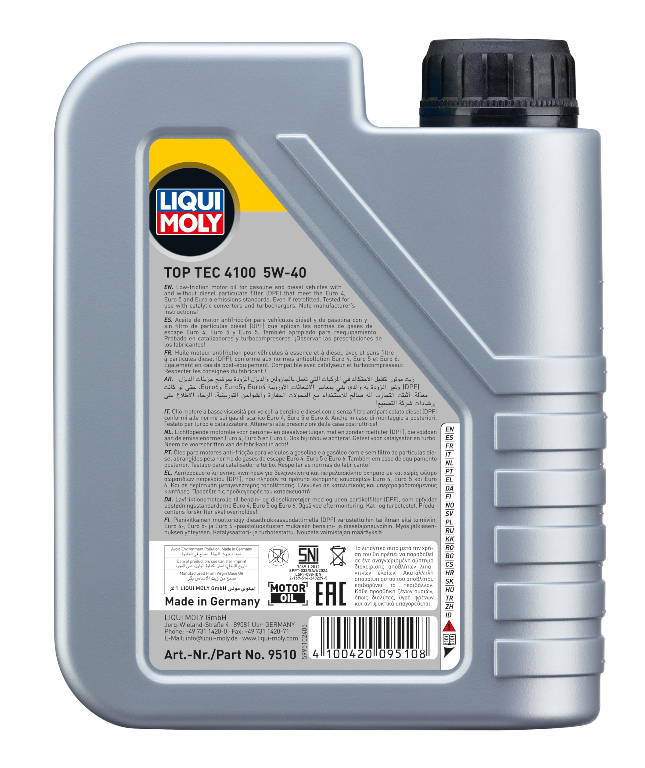 LIQUI MOLY | Top Tec 4100 5W-40 | 1 L | Oli motore | Tecnologia sintetica | SKU: 9510