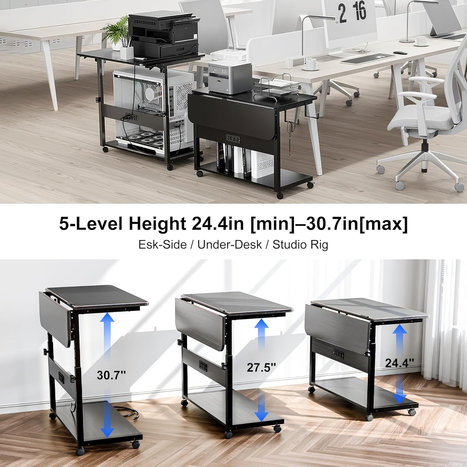 ZIFTY Height Adjustable Large Computer Tower Stand, PC Stand CPU Holder Cart with Charging Station, Folding End Table for ATX Case Printer, Rolling Wheels Mouse Pad for Gaming, Home, Office