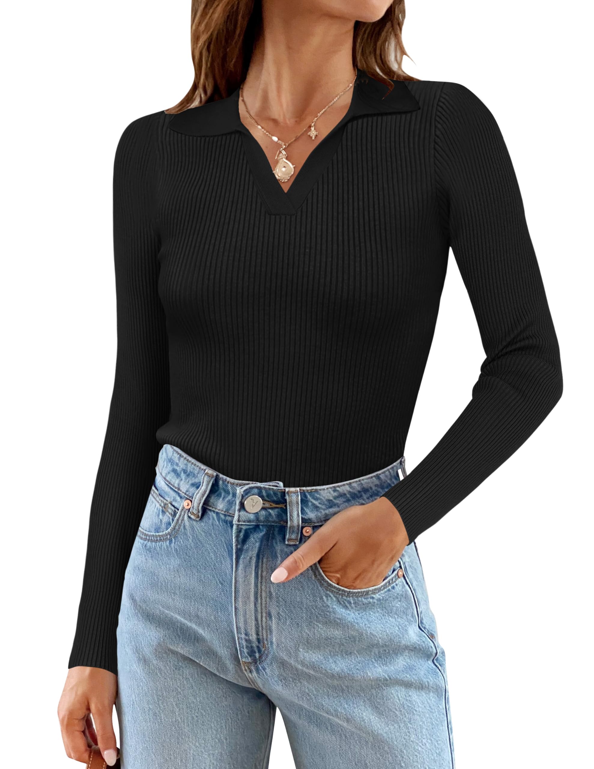 MEROKEETYWomens 2024 V Neck Long Sleeve T Shirts Fitted Elegant Fall Ribbed Knit Casual Tee Tops