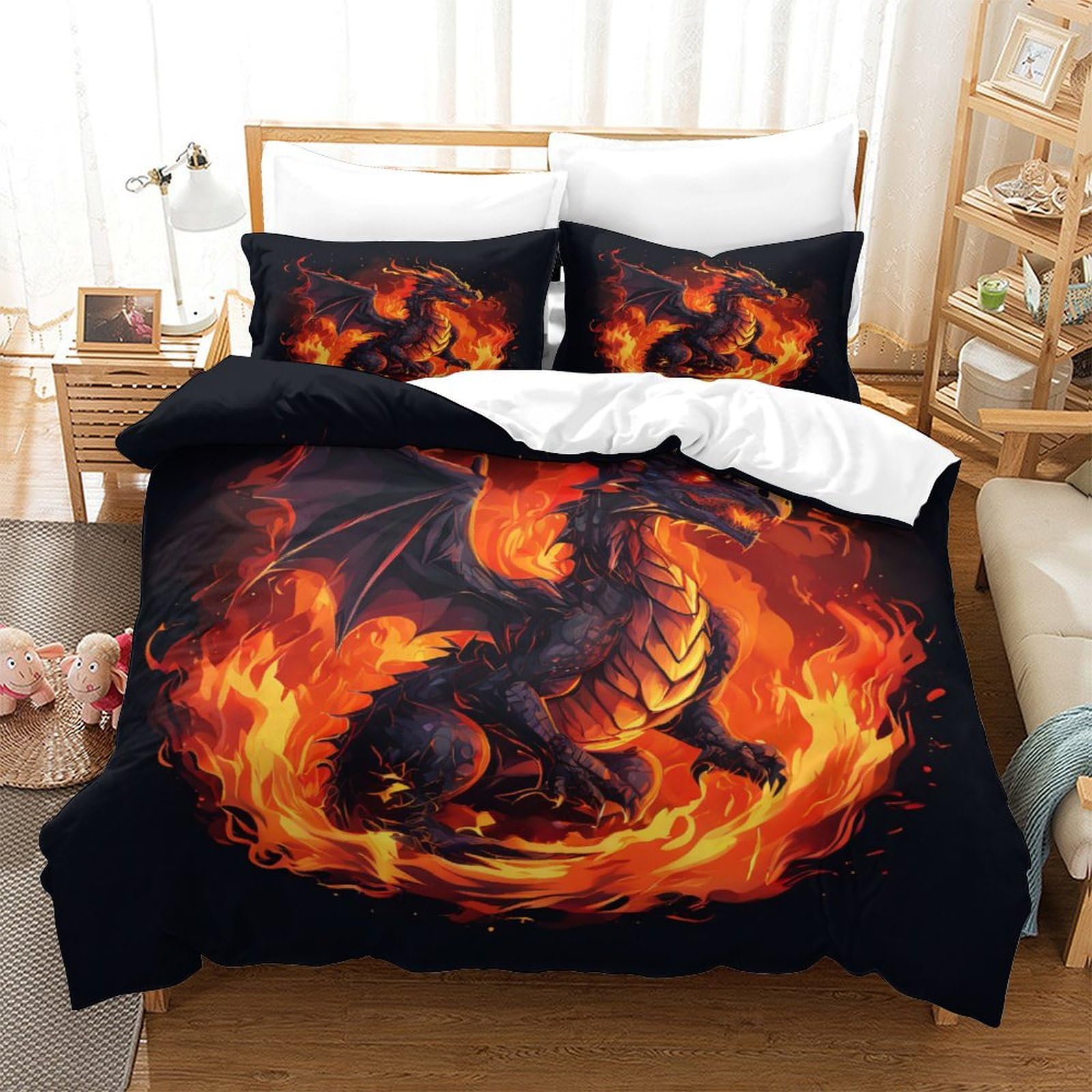 Qpirinmex Men's Flying Dragon Duvet Cover 3D Unique Quirky Gifts Bedding Linen Gifts For Adult Child Quilt Cover With Pillowcases Soft Microfiber Comforter Cover King（220X240cm）