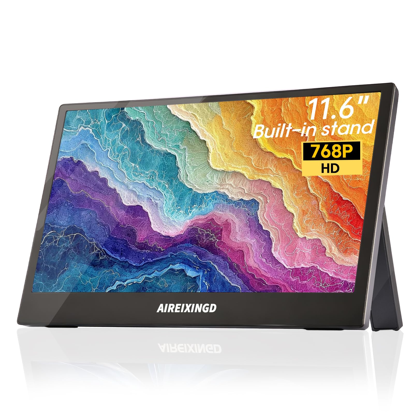 AIREIXINGD Portable Monitor 11.6" 1366x768P HD IPS Display, 60Hz Ultra-Slim USB/Type-C/Mini HDMI Travel Monitor with Kickstand, Screen Extender for