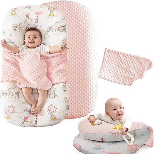 Baby Lounger Pillow, 2-in-1 Infant Lounger Pillow for Newborn 0-24 Months for Tummy Time, 2 Sides Soft & Breathable 100% Cotton Cover, Portable Baby Nest, Newborn Essentials & Gifts for Babies (Pink)