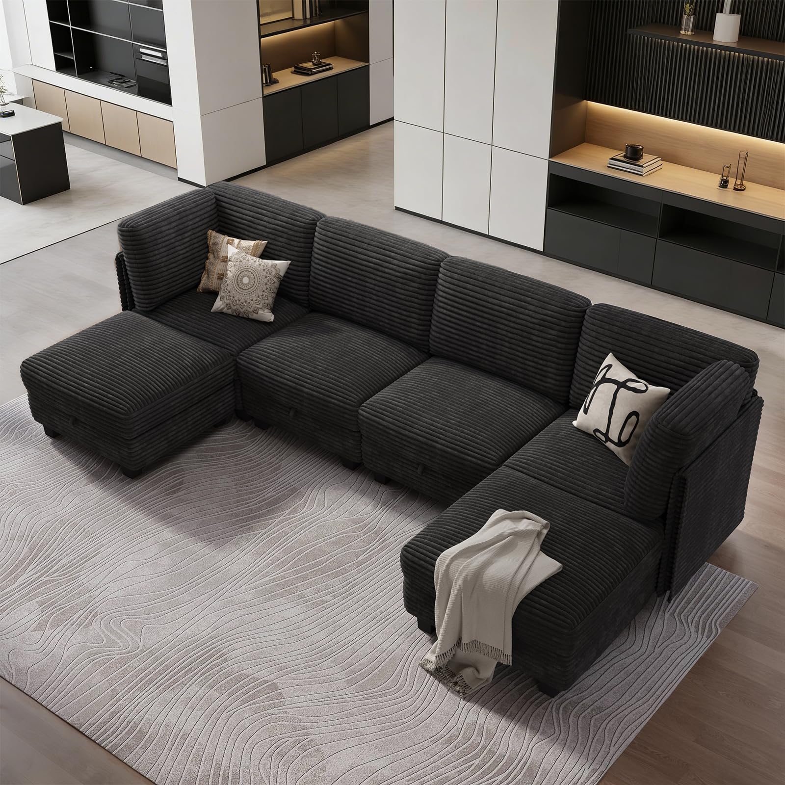 Modular Sectional Cloud Couch, Convertible Sleeper Sofa Bed for Living Room | Flexible L/U-Shaped Design, Freely Adjustable Backrest, Comfortable Foam Cushions, Sturdy Frame, Easy to Assemble, Black