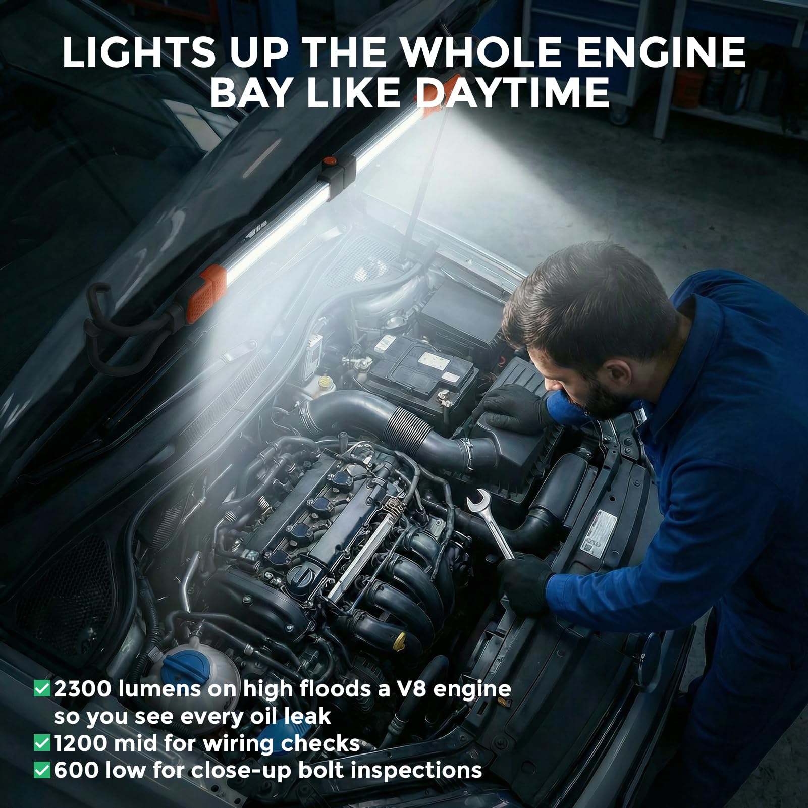 Luce da lavoro ricaricabile da 2300 lumen, barra luminosa a LED pieghevole con 3 livelli di luminosità, batteria esterna da 6000 mAh, impermeabile IP65, ganci telescopici per riparazione auto e garage