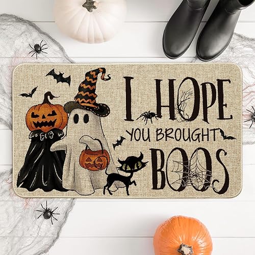 Miniatura 4 de Artoid Mode Tapete de Halloween con diseño de calabazas fantasmas, diseño de gato con texto en inglés "I Hope You Brought Boos", decoración del