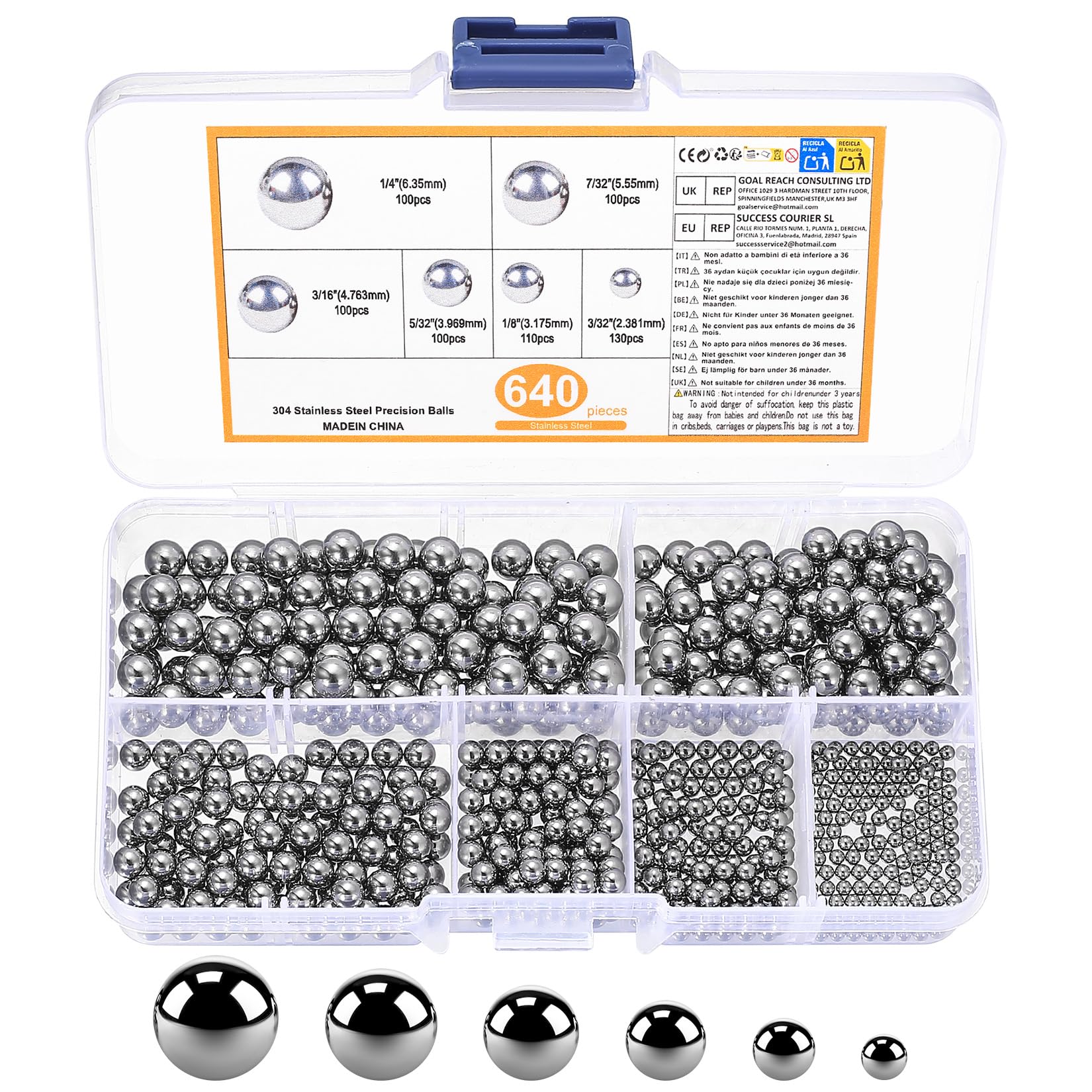 640 Pz Cuscinetti a Sfera in Acciaio Inossidabile, Sfere per Cuscinetti di Precisione in Acciaio Inox 304 per Ruote di Biciclette, Ceicoli, Rotelle, Skateboard (6 Misure)