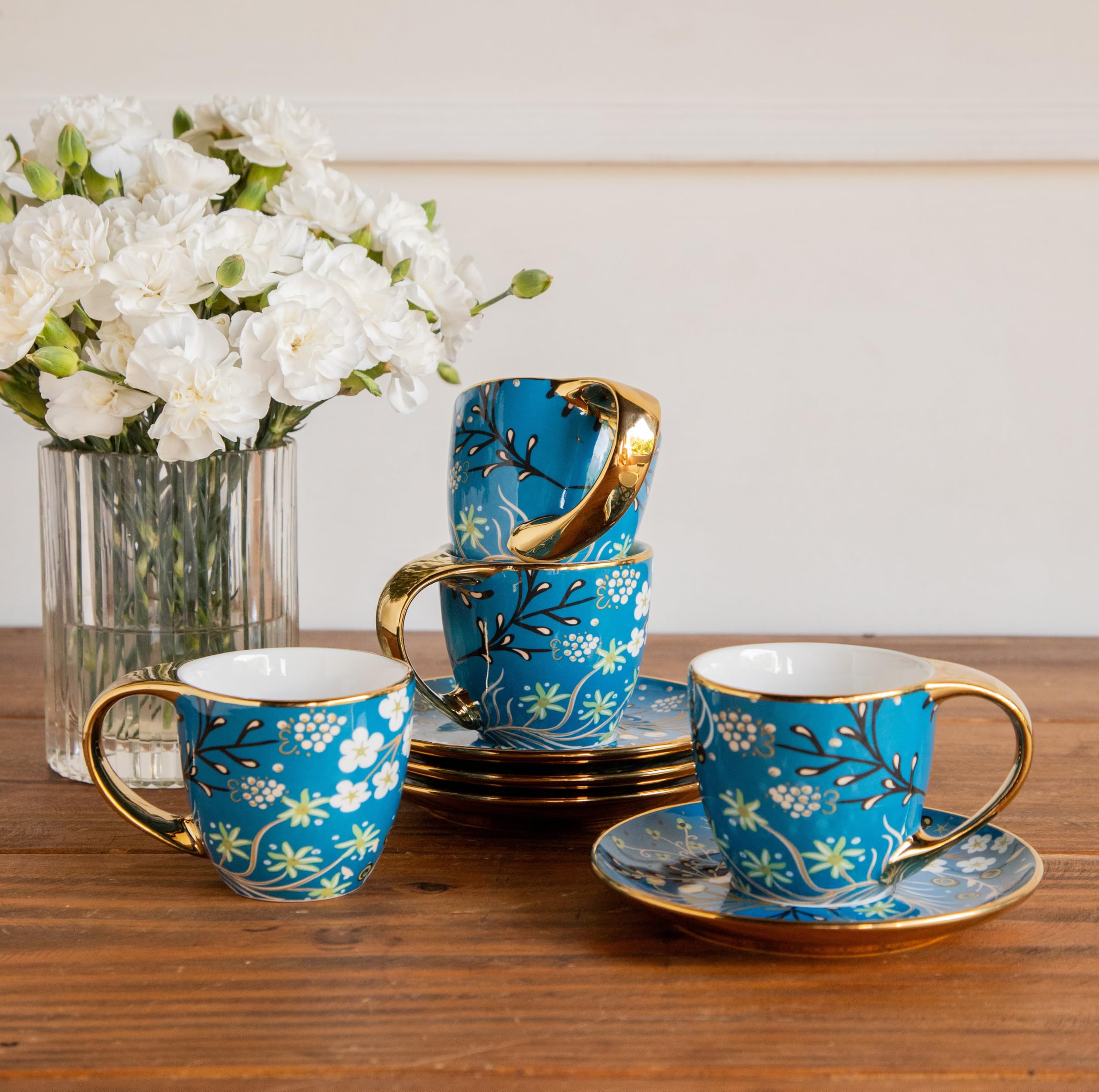 Octavius Royal Azure Bloom Tea Set (200 ML Each) – Set of 6