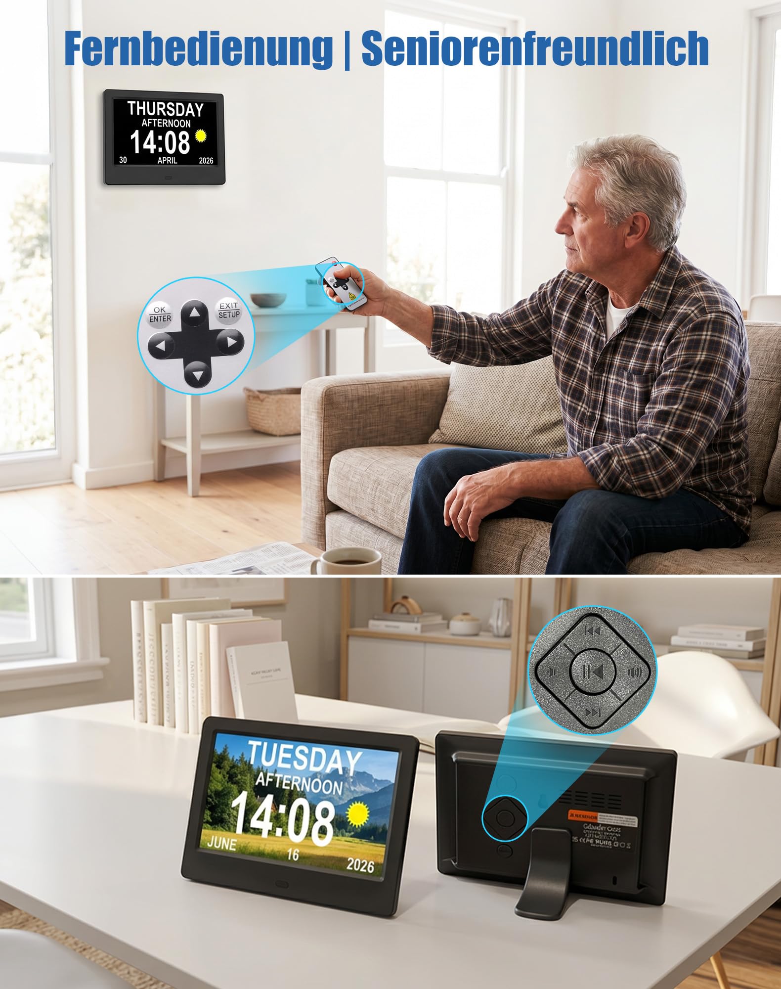 jely Digitaler Kalender mit Datum und Uhrzeit für Senioren, Wecker Digital 7 Zoll HD, 20 Erinnerungen, 24 Alarme, Fernbedienung, Digitaler Bilderrahmen, Tischuhr & Wanduhr – Schwarz