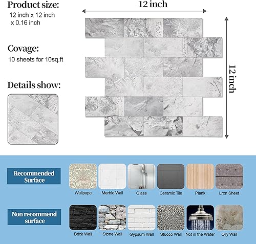 Vista 85 de Paquete de 1 lámina de revestimiento autoadhesivo de 12 x 12 pulgadas, baldosa de pared de PVC para cocina, baño, chimenea, mesa de lavandería o gris