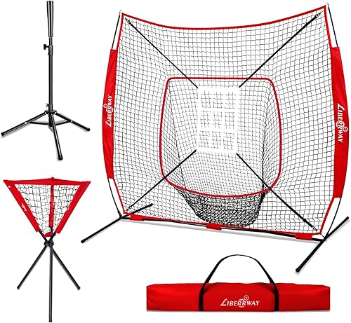 LIBERRWAY Red de práctica de béisbol y sóftbol de 7 x 7 pies, red portátil de entrenamiento de bateo, red de respaldo de béisbol con camiseta de