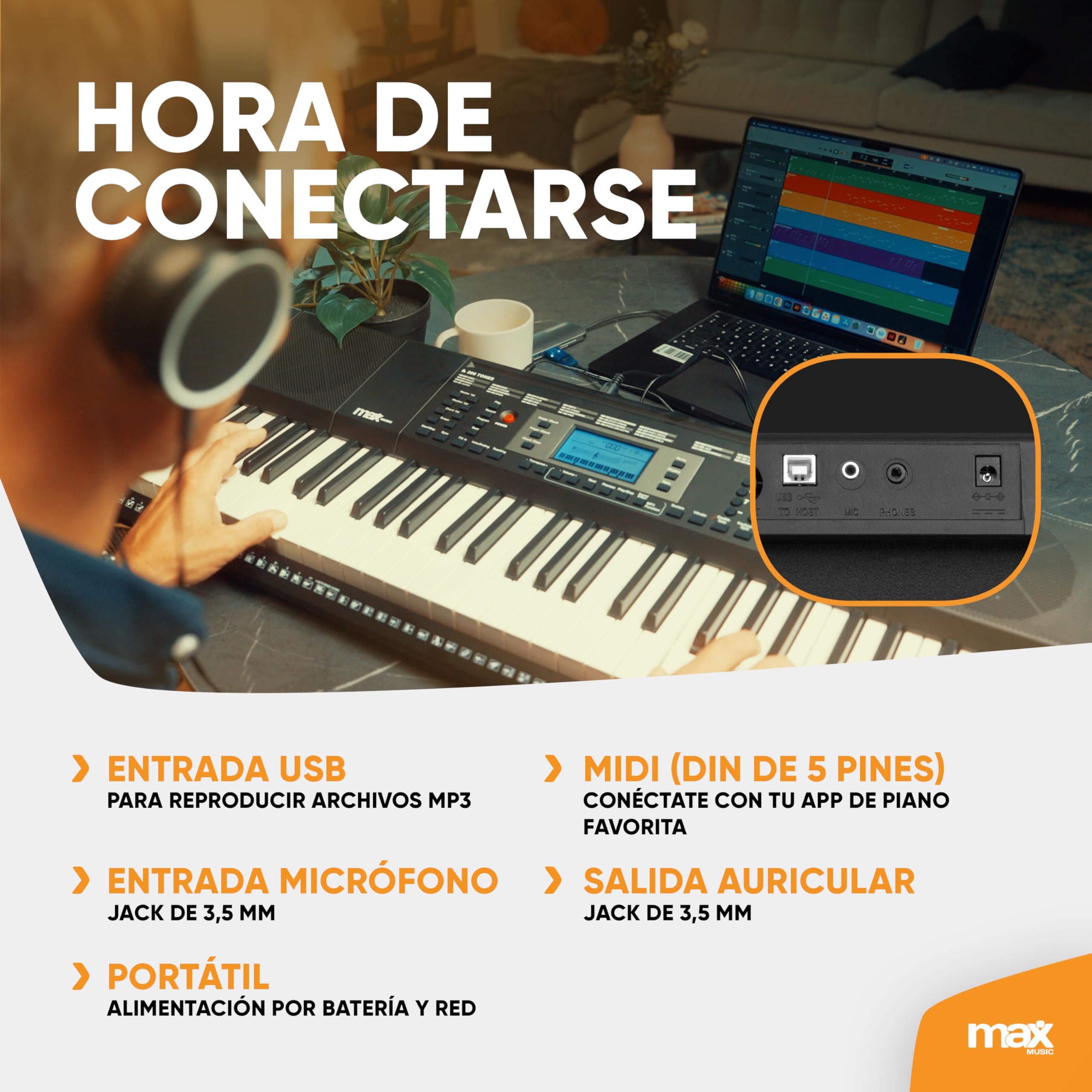 MAX Rhapsody61M Piano digital Midi, 61 teclas, teclado de piano eléctrico sensibles al tacto, 600 sonidos, USB, MP3, pantalla, modos de aprendizaje, entrada auxiliar, incluye auriculares y soporte