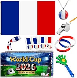 2026 World Cup Fan Accessories Kit 7PCS, Soccer Support Gear Set for Enthusiasts, Flag, Necklace, Wristband, Headband, Clapper, Whistle & Decals, Perfect for Watch Party & Stadium Events (France)