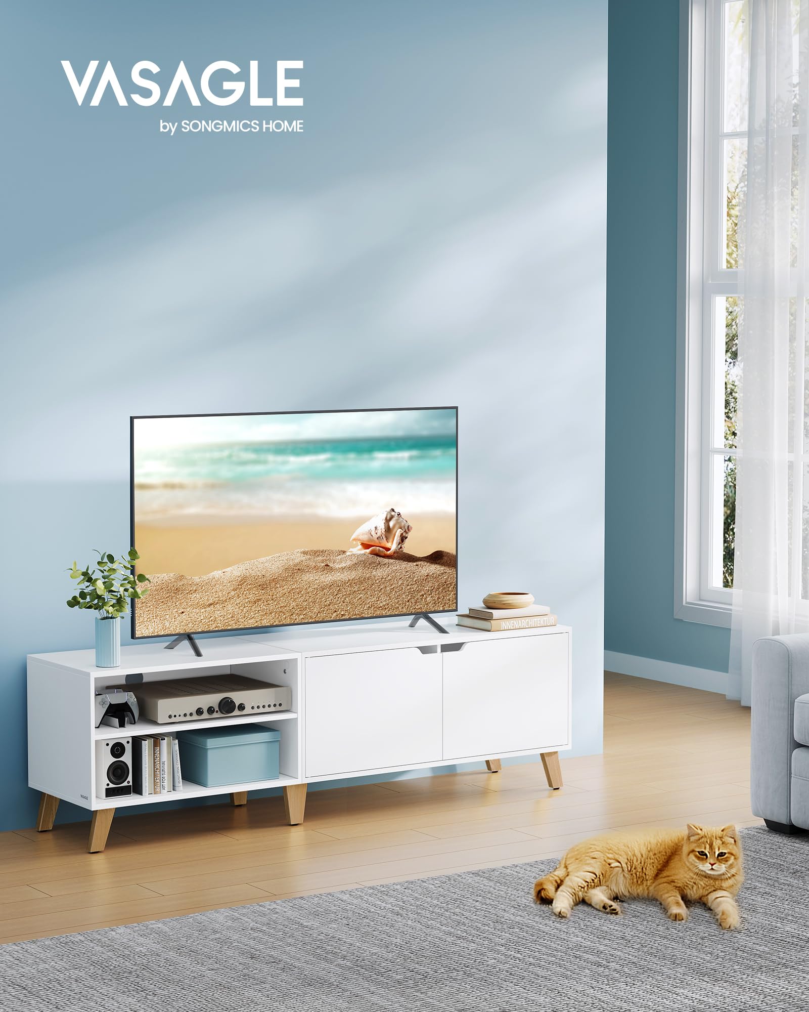 VASAGLE Mobile TV per Televisore fino a 65 Pollici, Armadietto per TV con 2 Ante, Ripiani Regolabili, Lungo 160 cm, per Soggiorno, Camera da Letto, Bianco Neve LTV030W01