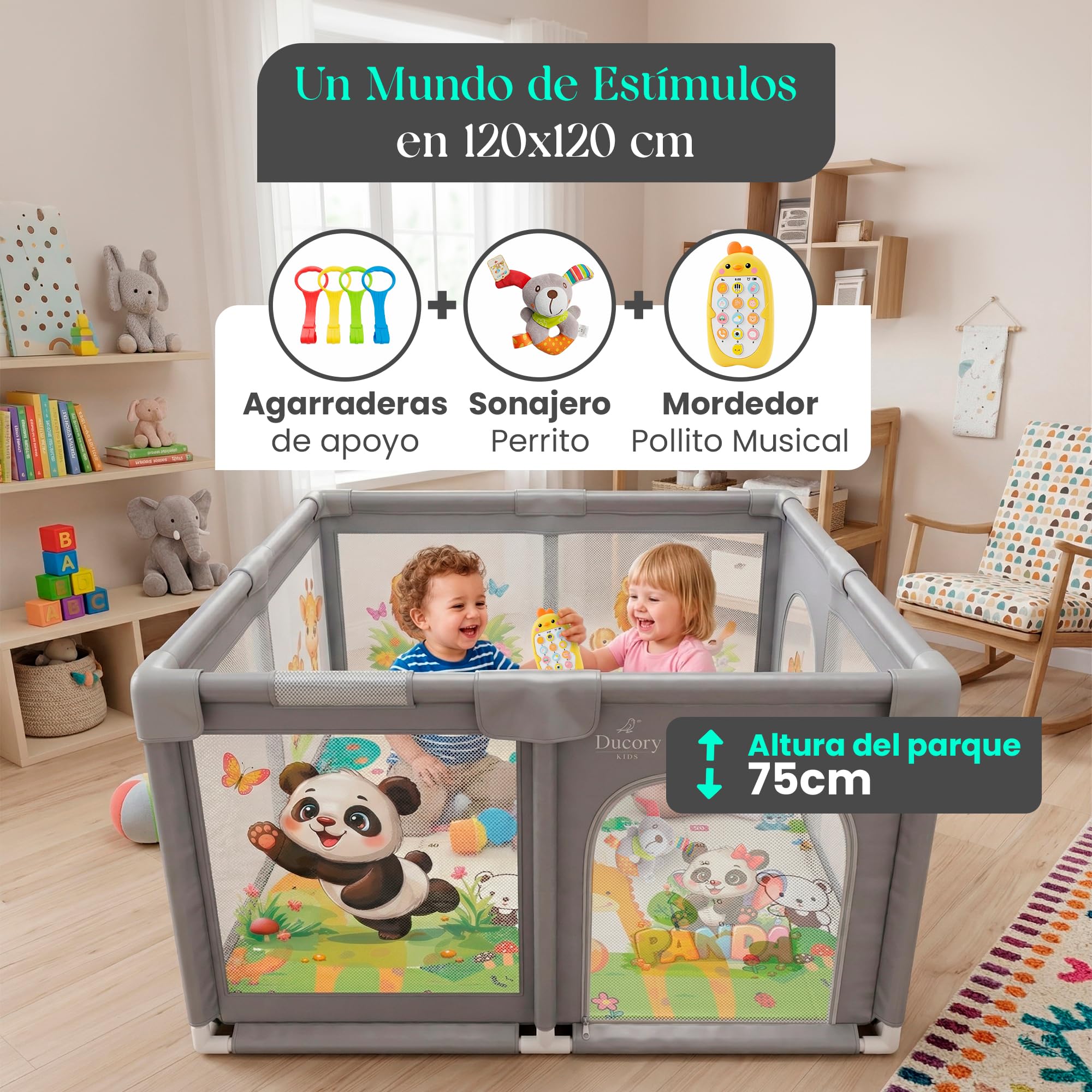 Ducory Parque Infantil Bebe 120X120 X75cm Altura, 2 Puertas, Alfombra Acolchada Plegable, Incluye Bolsa de Transporte + 4 Agarraderas + Juguete Educativo Musical + Sonajero, Corralito Bebe